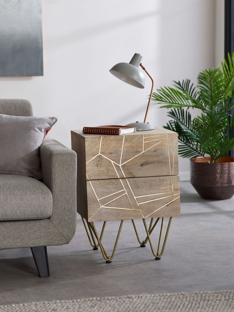 Kaza Light Mango Wood 2 Drawer Side Table - Hairpin Legs with Gold Geometric Inlay