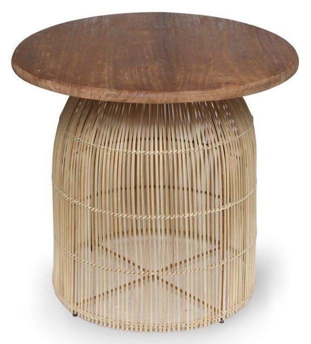 Natural Mindi Wood Round Side Table with Weaved Base