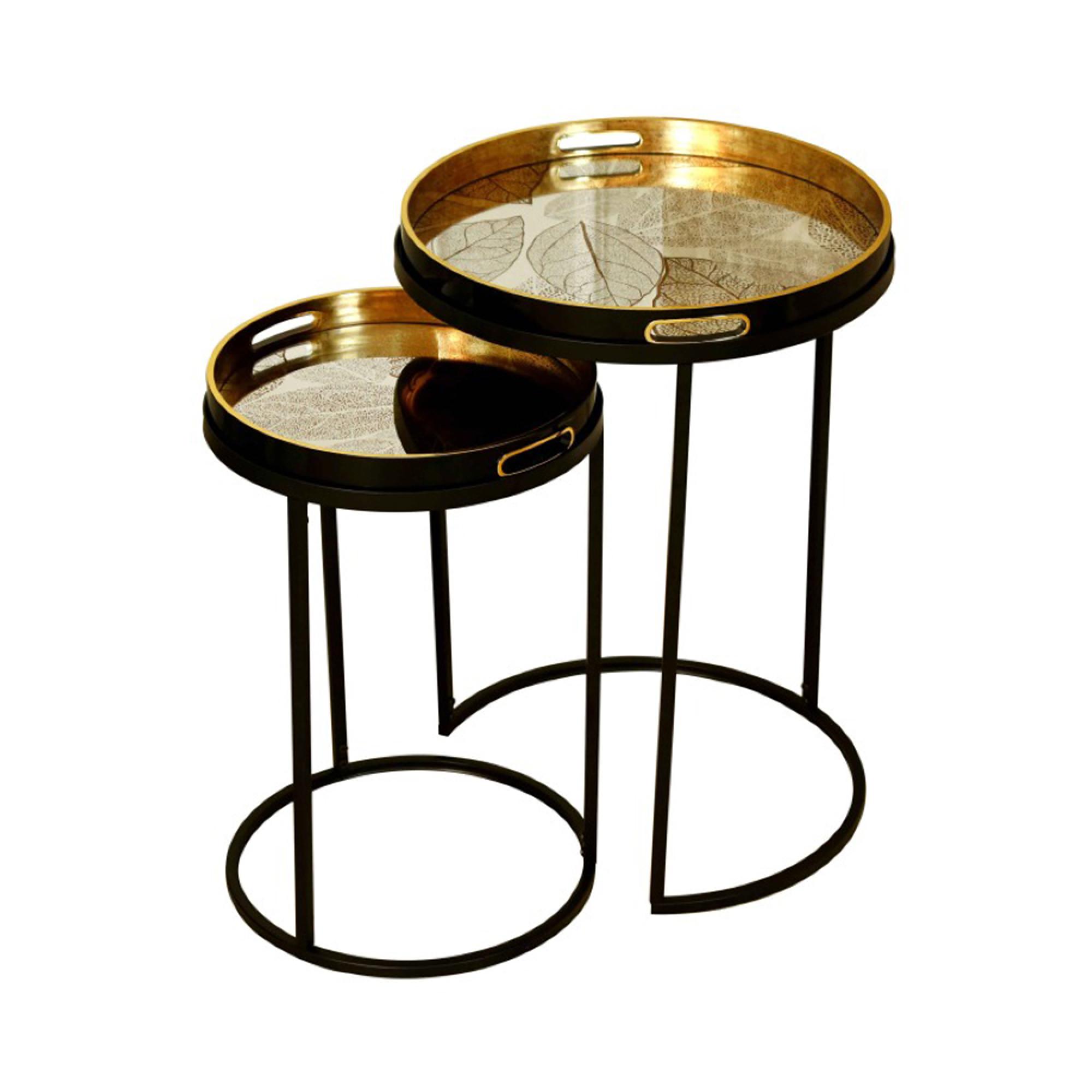 Nest of Tables - Olin - Antique Gold Leaves Glass - Round - Set of 2 - Tray