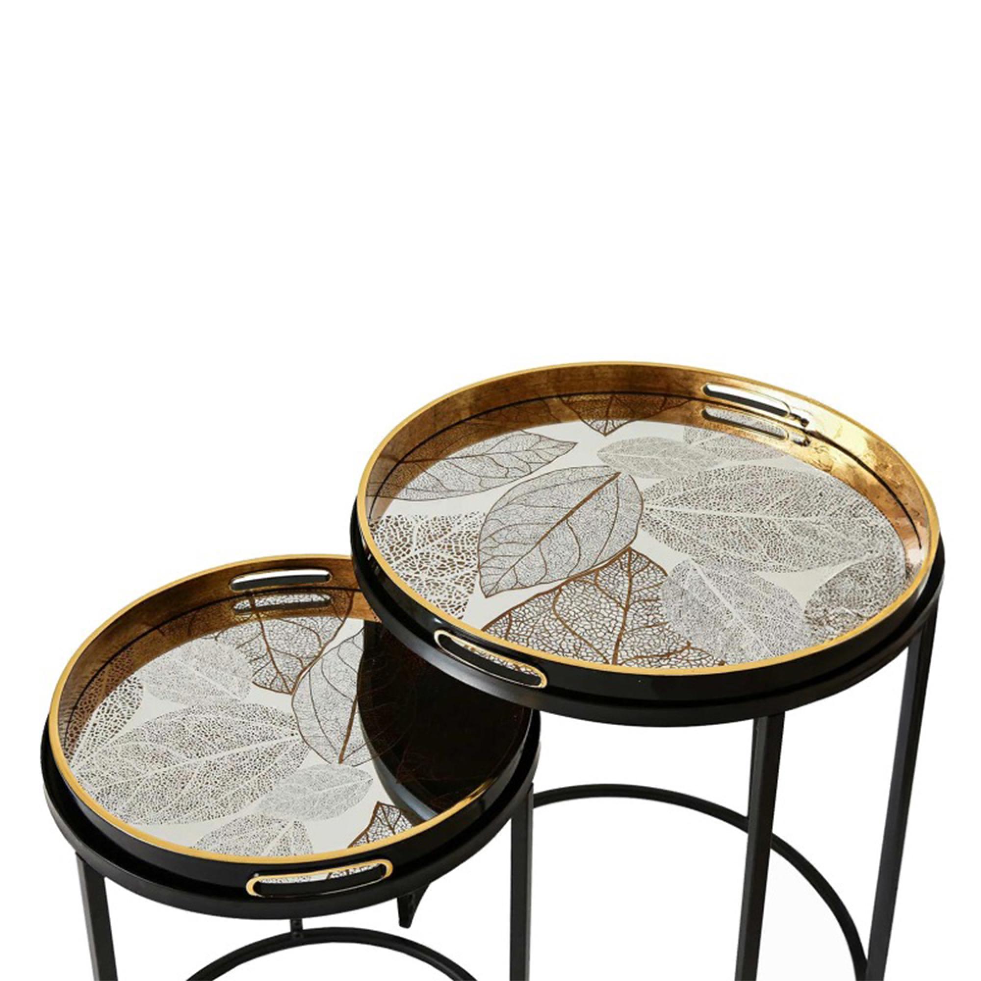 Nest of Tables - Olin - Antique Gold Leaves Glass - Round - Set of 2 - Tray