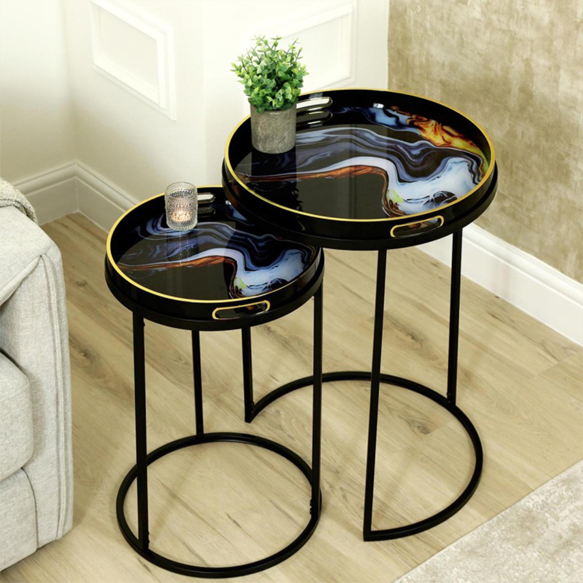 Nest of Tables - Olin - Black and Blue Glass - Round - Set of 2