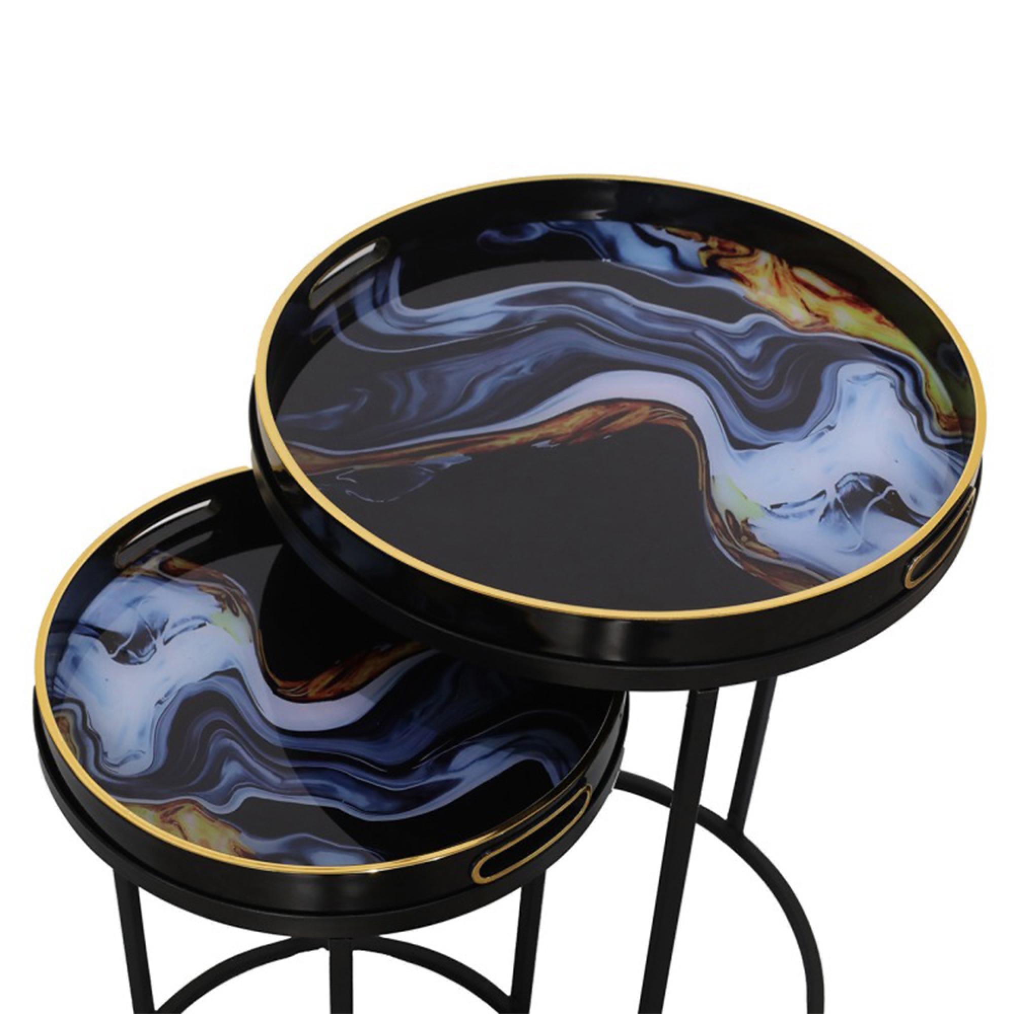 Nest of Tables - Olin - Black and Blue Glass - Round - Set of 2