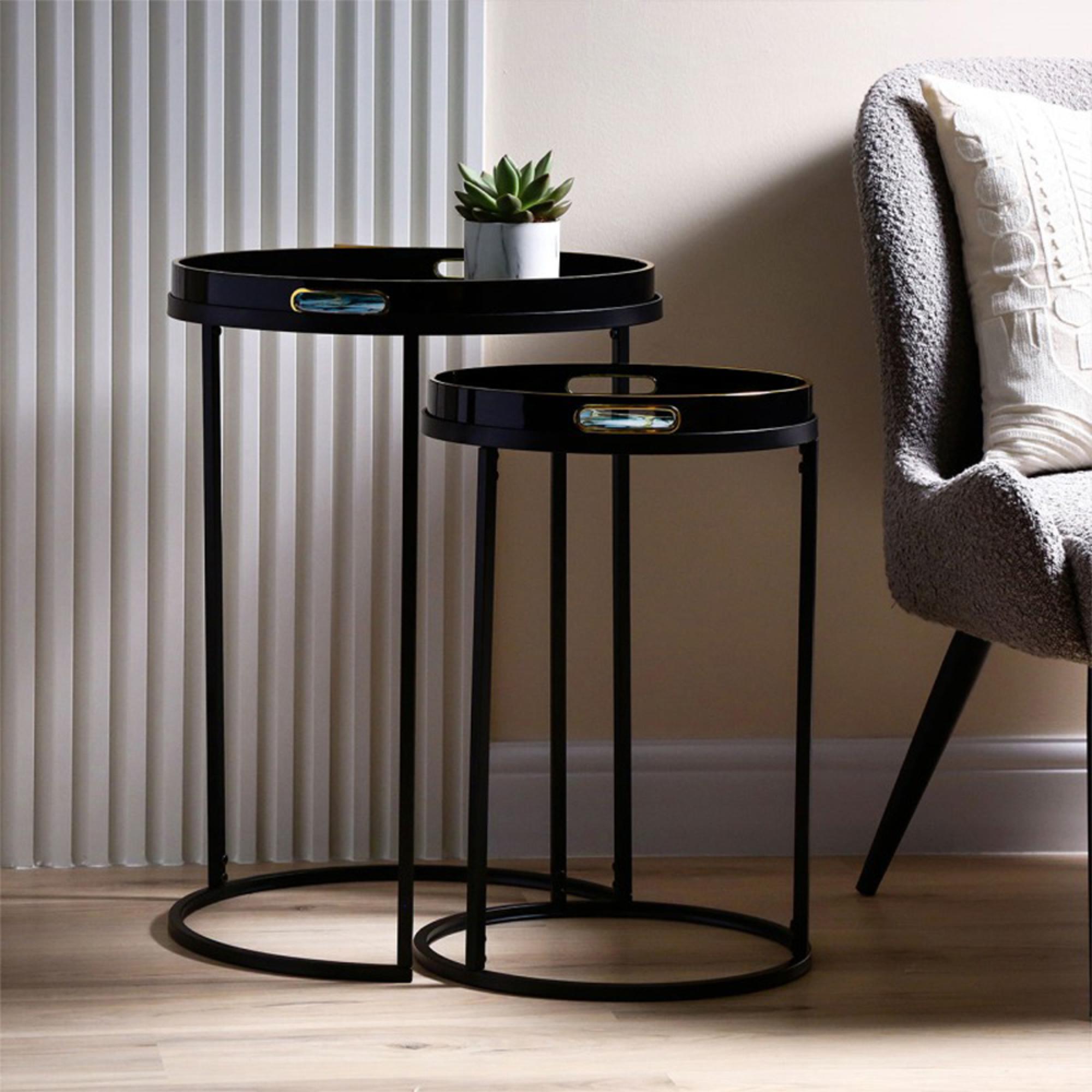 Nest of Tables - Olin - Black and Teal Green Glass - Round - Set of 2