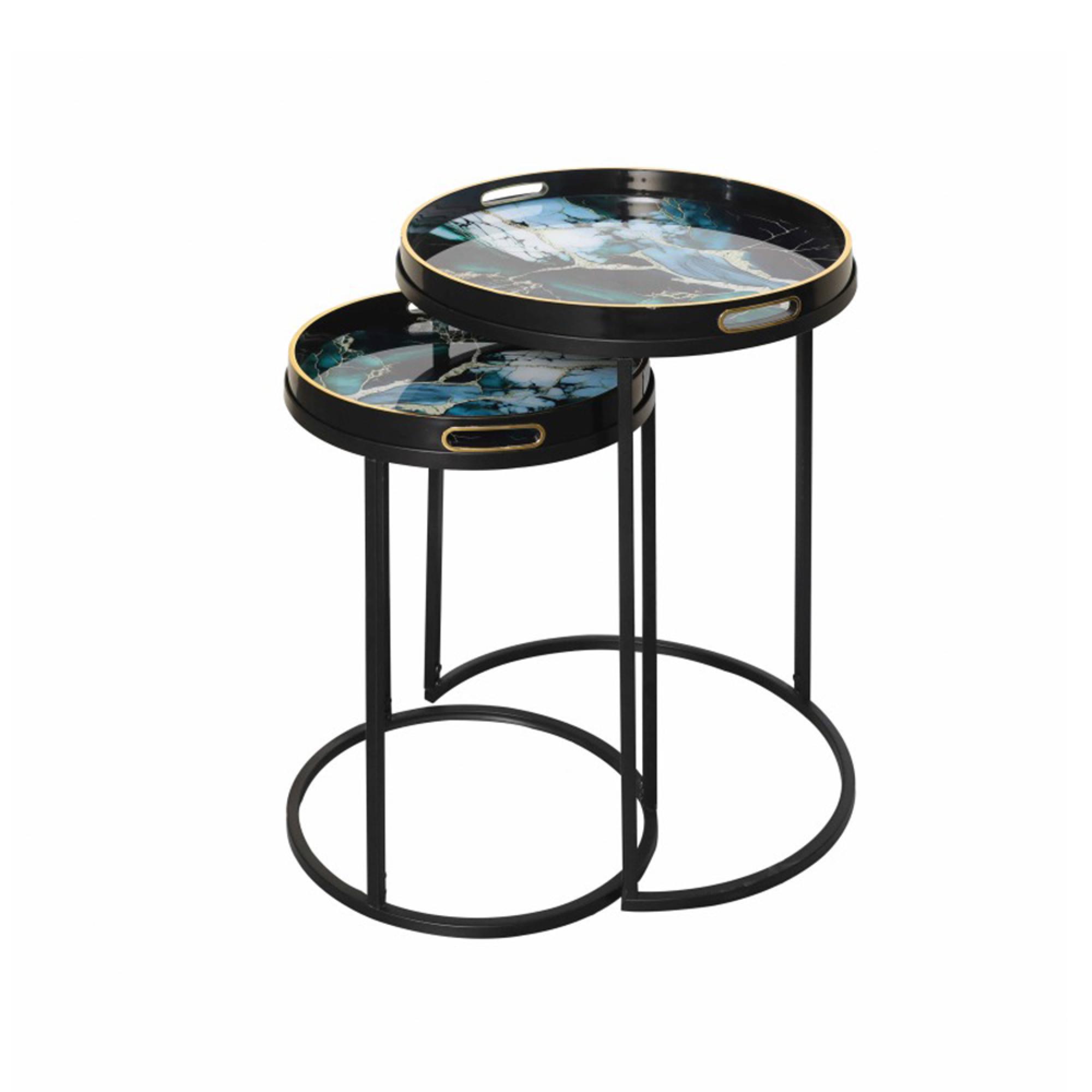Nest of Tables - Olin - Black and Teal Green Glass - Round - Set of 2