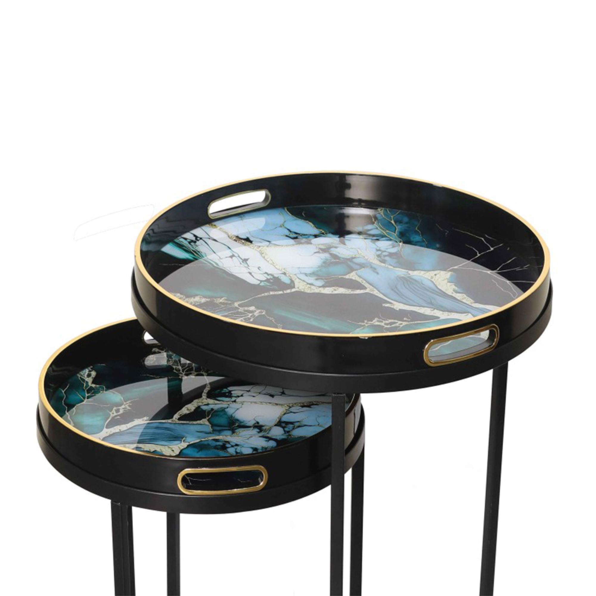 Nest of Tables - Olin - Black and Teal Green Glass - Round - Set of 2