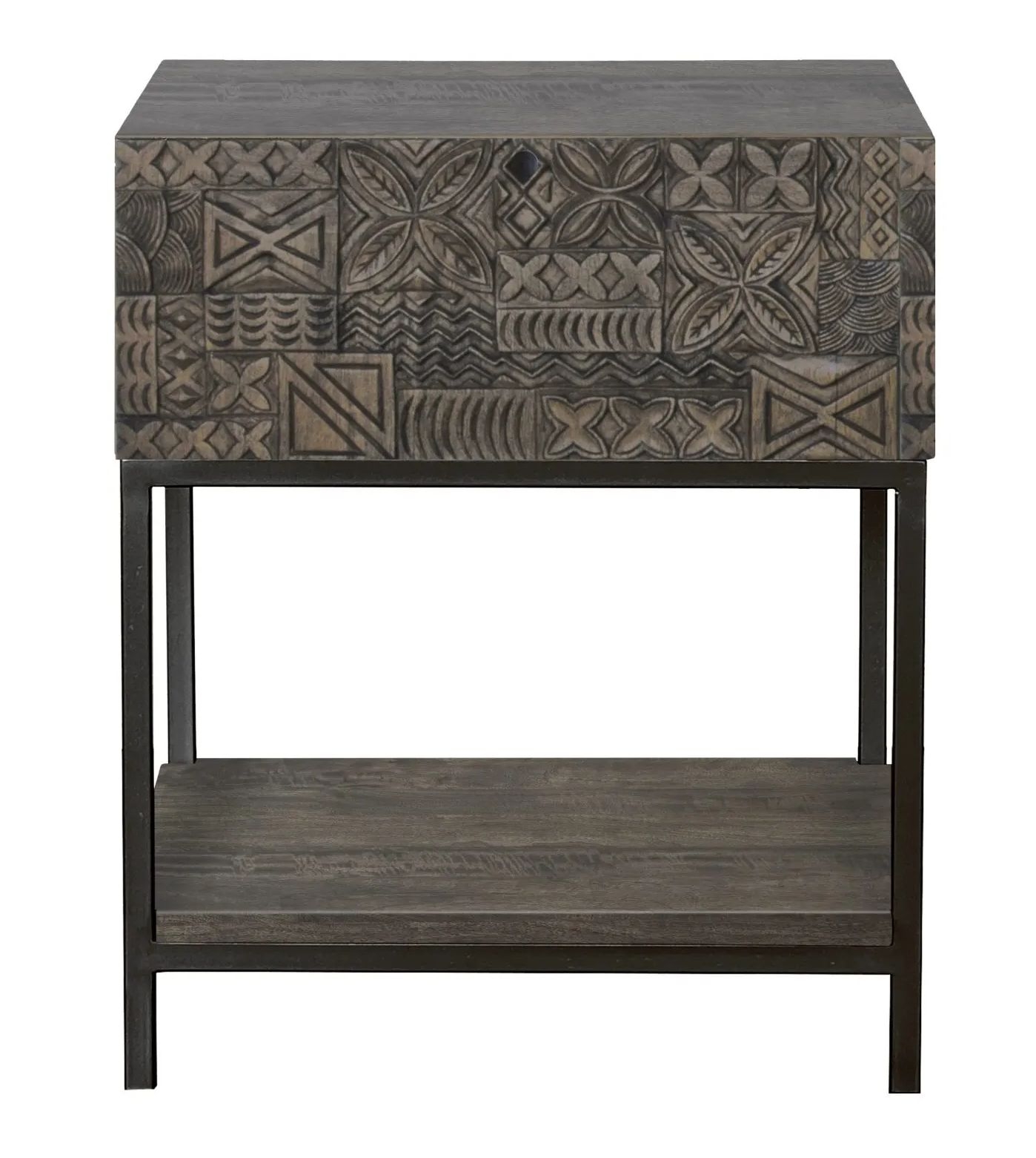 Sahara Black Washed Carved Mango Wood 1 Drawer Side Table