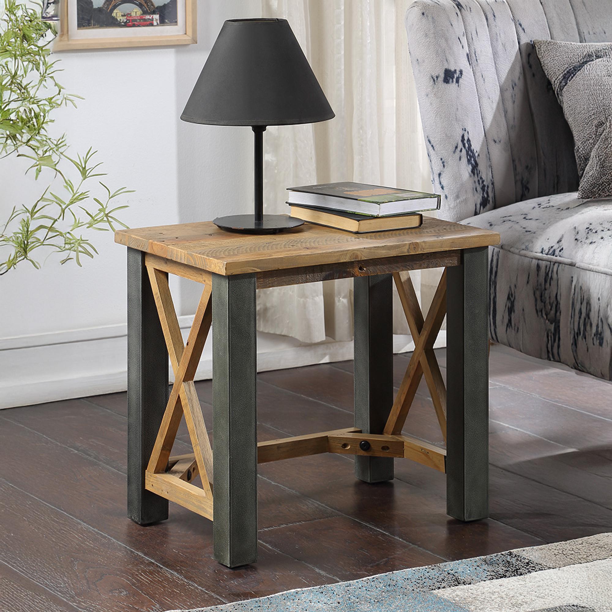 Urban Elegance Reclaimed Wood Side Lamp Table - Open Front
