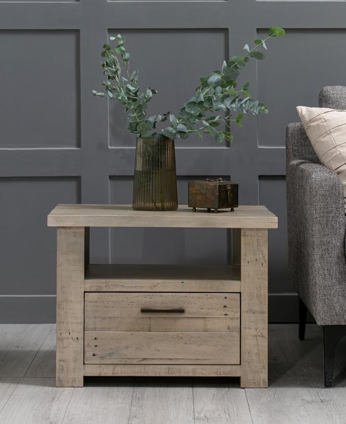 Washed Grey Reclaimed Pine 1 Drawer Lamp Table