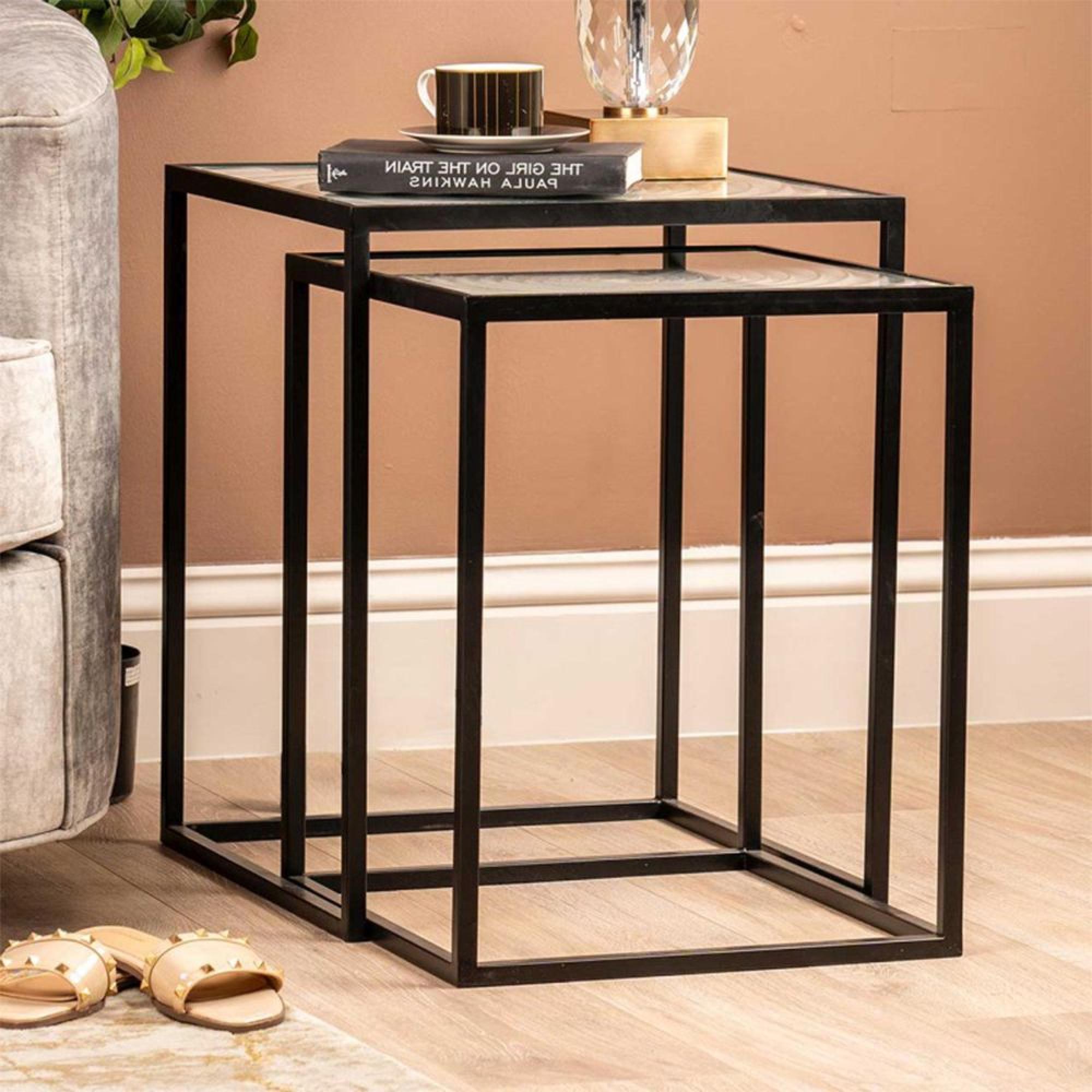 Nest of 2 Tables - Square - White Glass and Black Metal