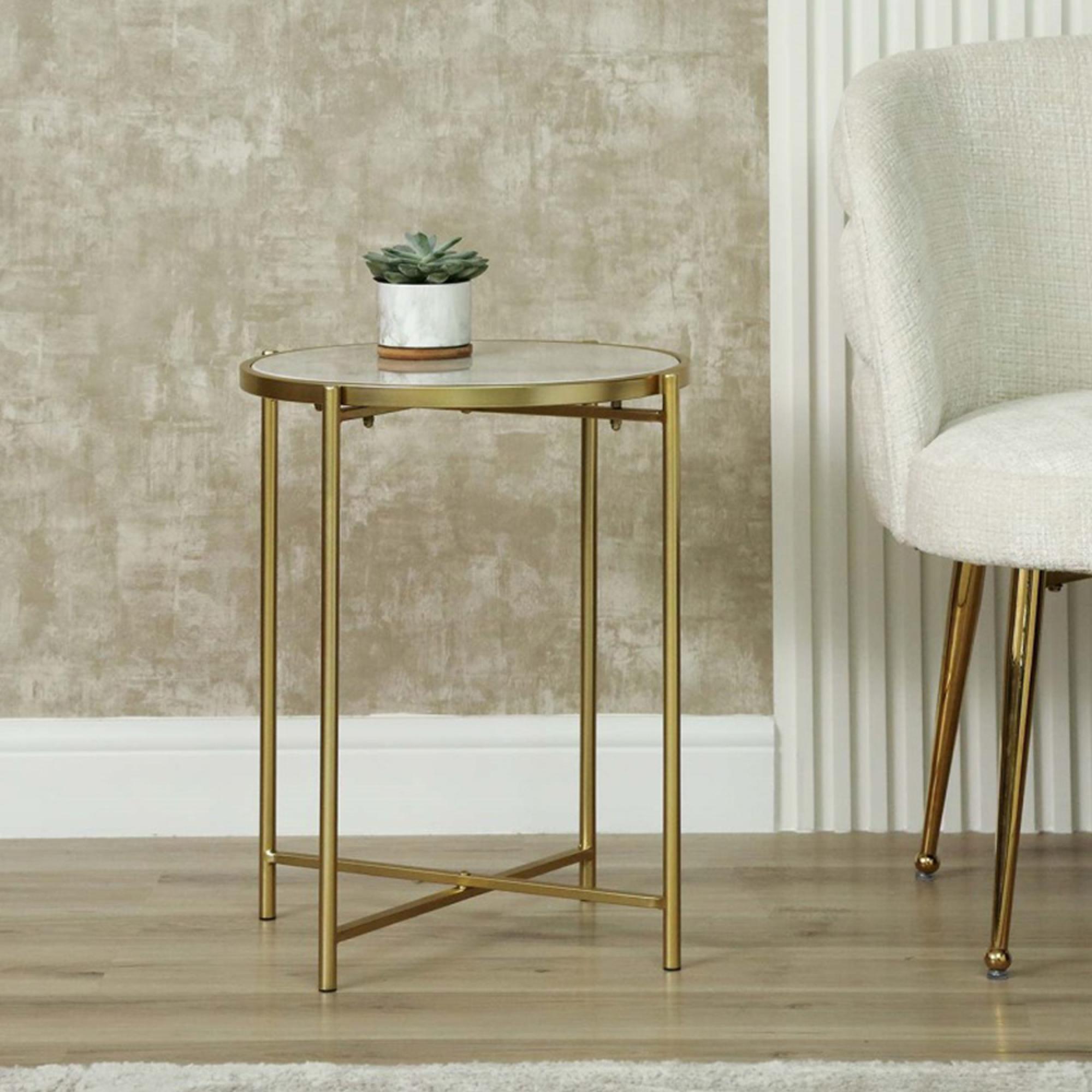 End Table - Round - White Marble and Gold Metal