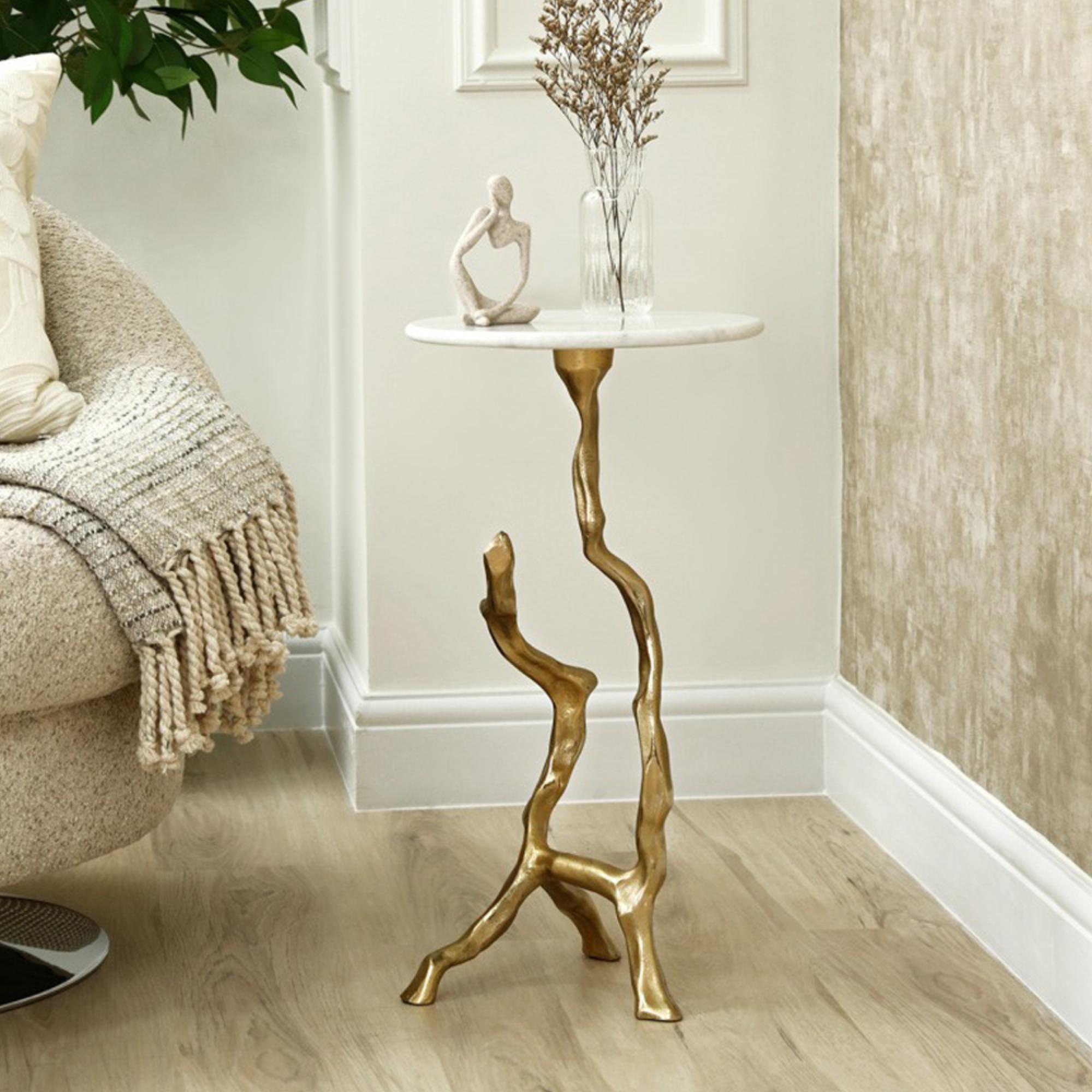 Side Table - Round - White Marble and Gold Metal