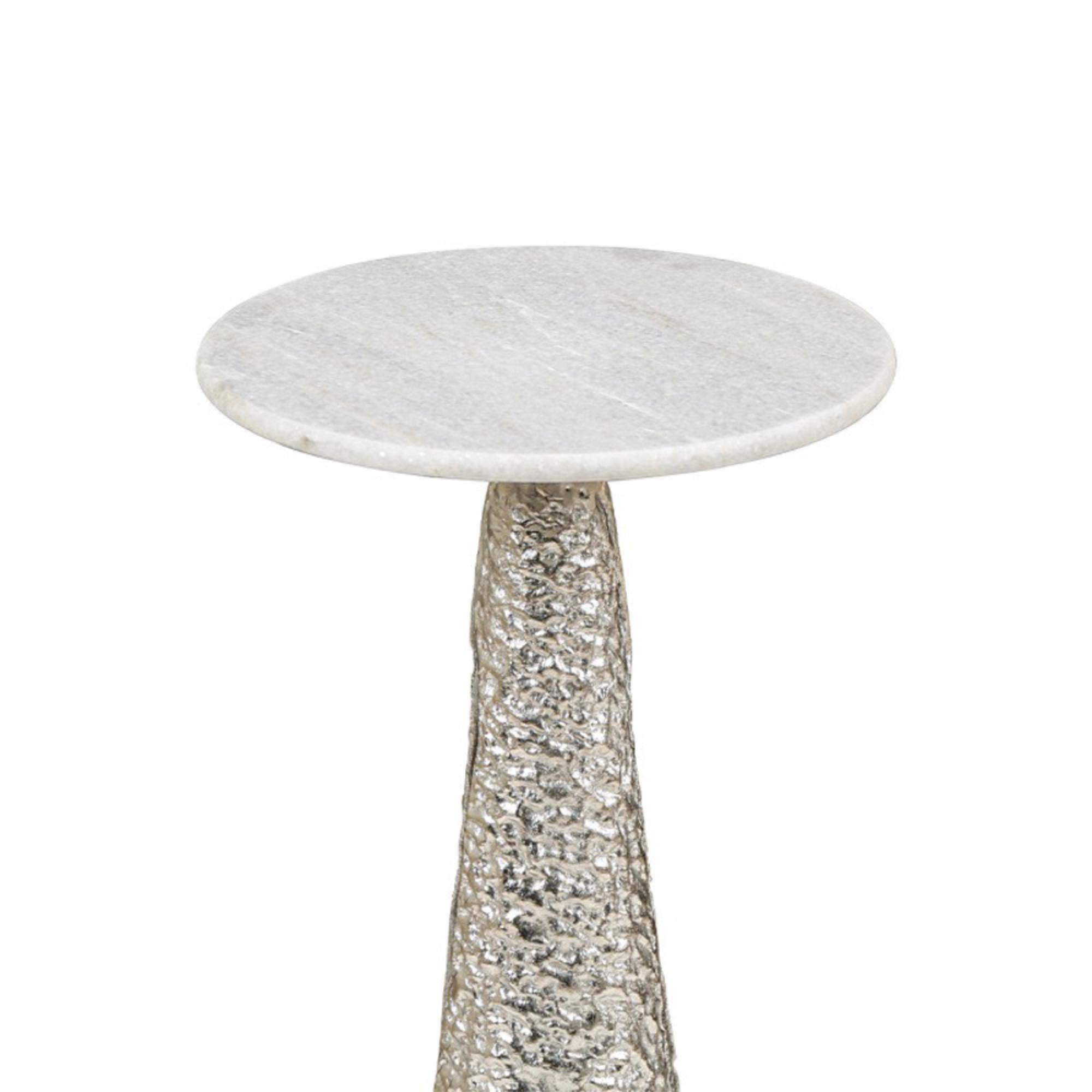 Side Table - Round - White Marble and Textured Nickel