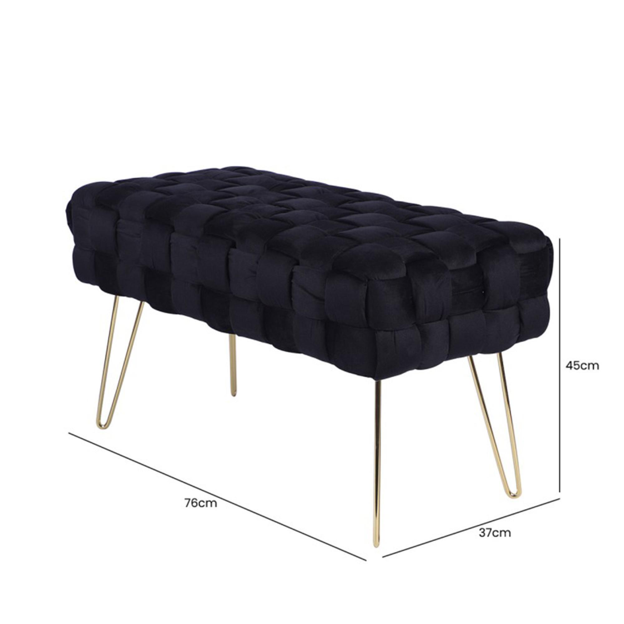 Hall Bench - Black Velvet Fabric and Gold Hairpin Legs