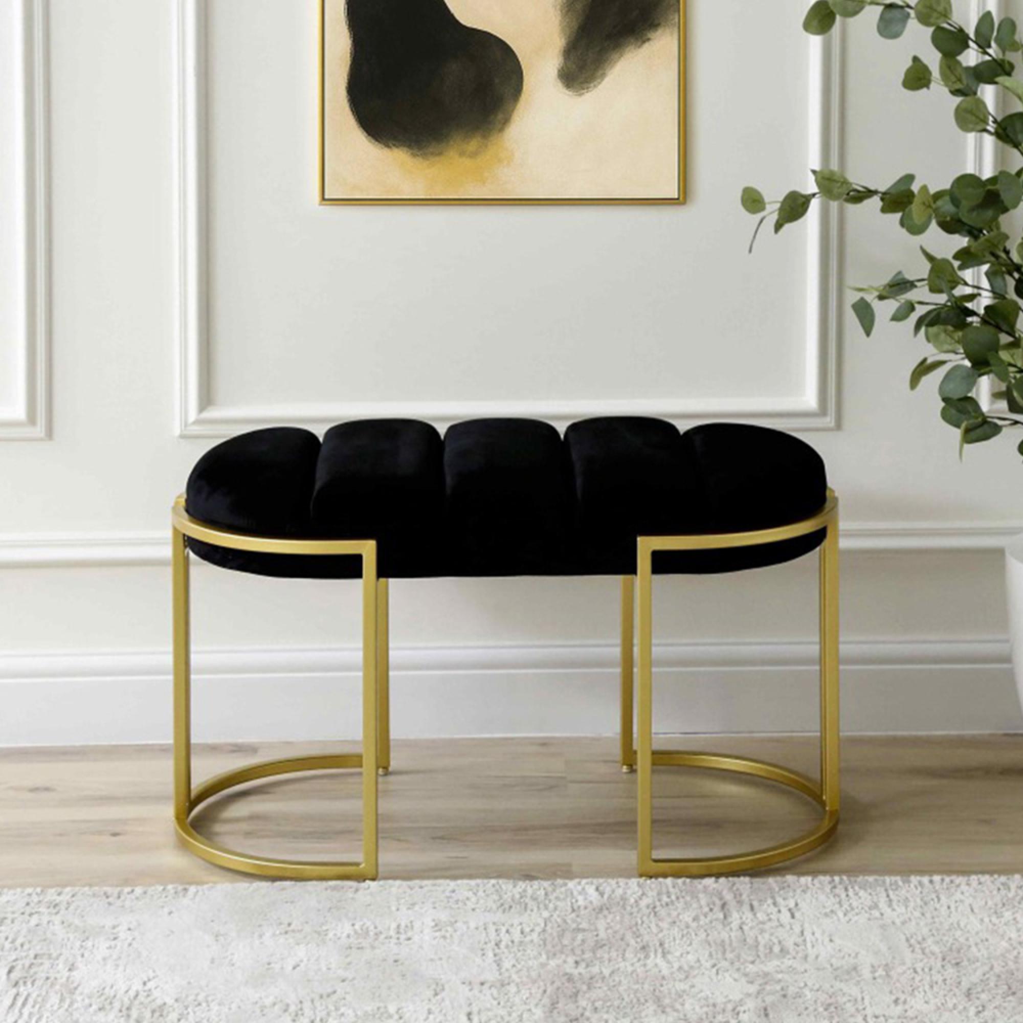 Hall Bench - Oval - Black Velvet Fabric and Gold Metal