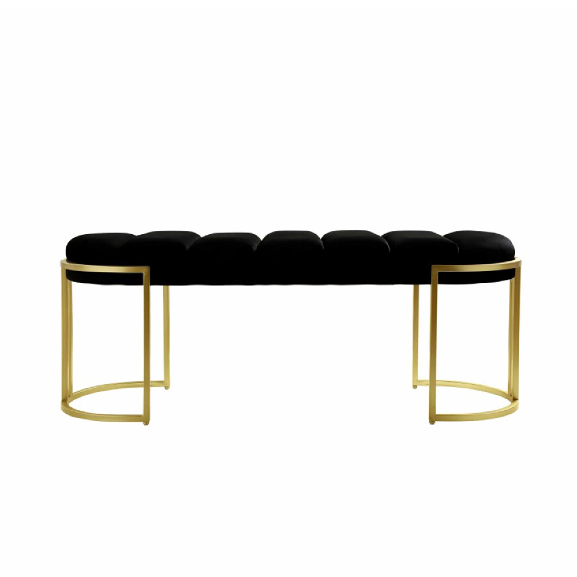 Hall Bench - Oval - Black Velvet Fabric and Gold Metal