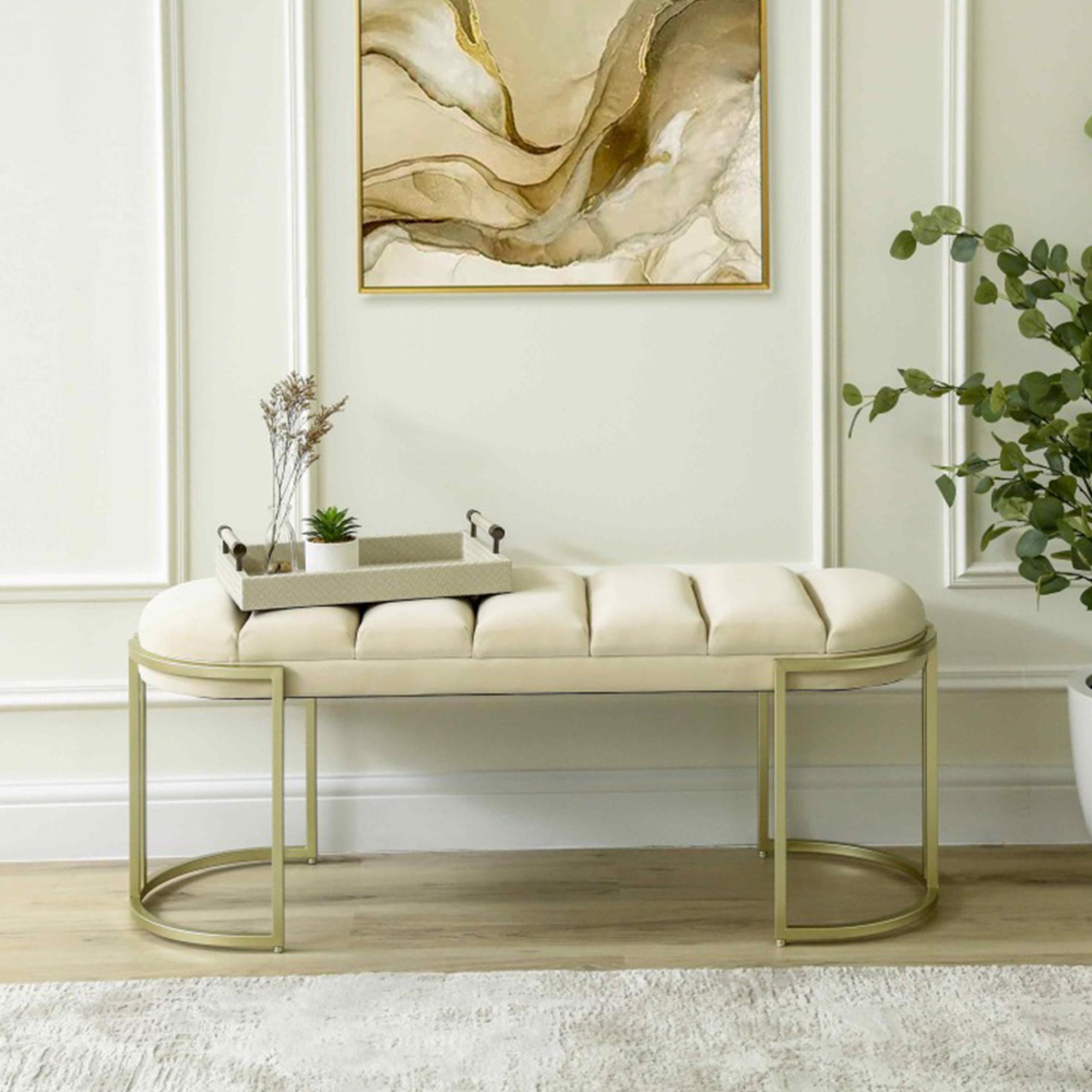 Hall Bench - Oval Large - Cream Velvet Fabric and Champagne Metal