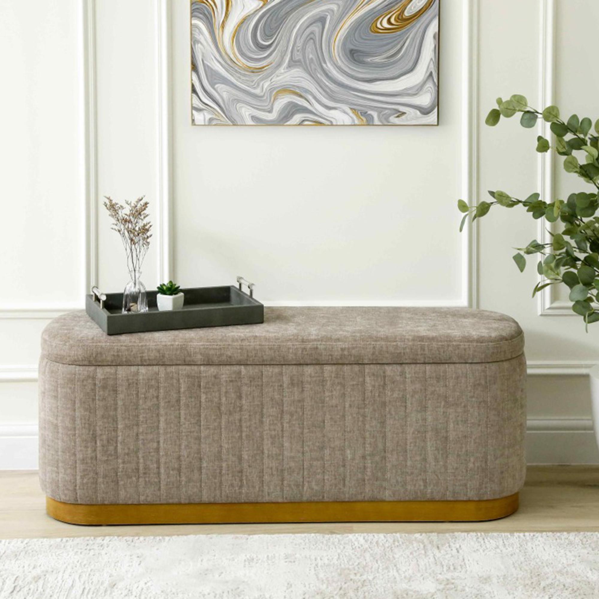 Hall Bench - Oval - Taupe Linen Fabric Storage