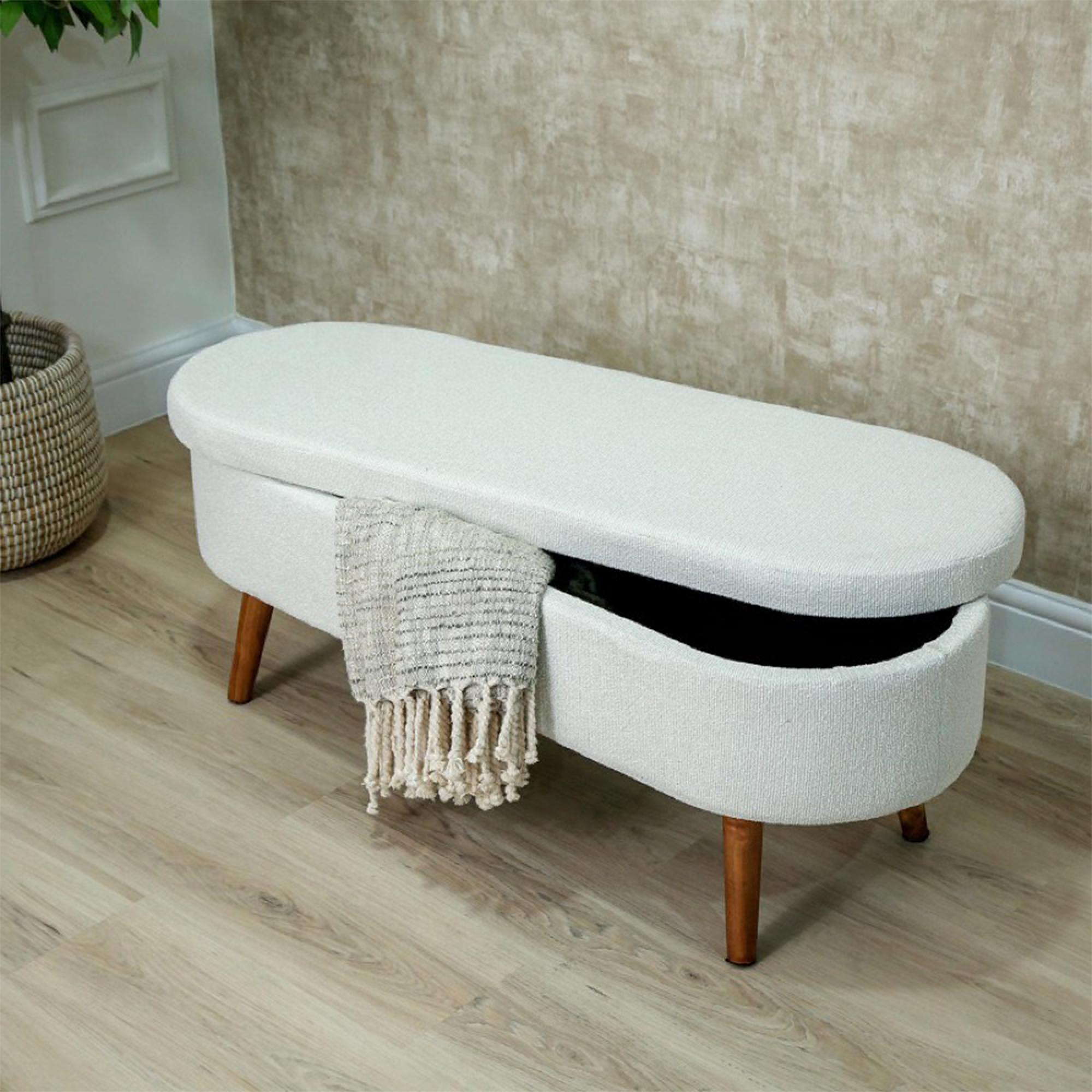 Hall Bench - Oval - White Boucle Fabric and Storage