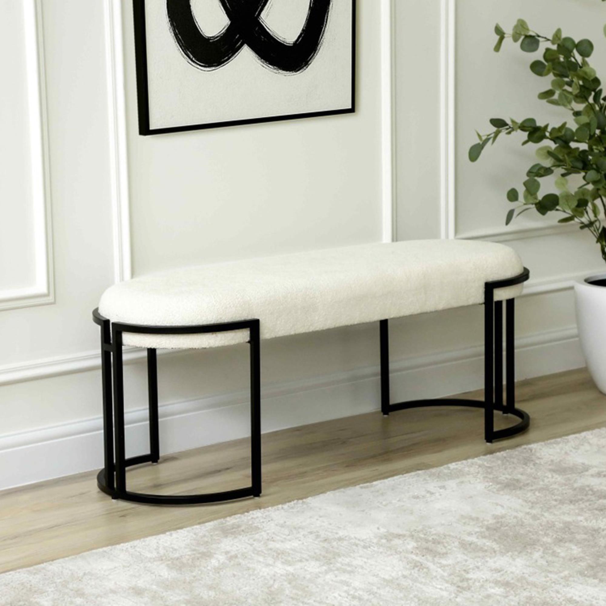 Hall Bench - Oval - White Boucle Fabric and Black Metal