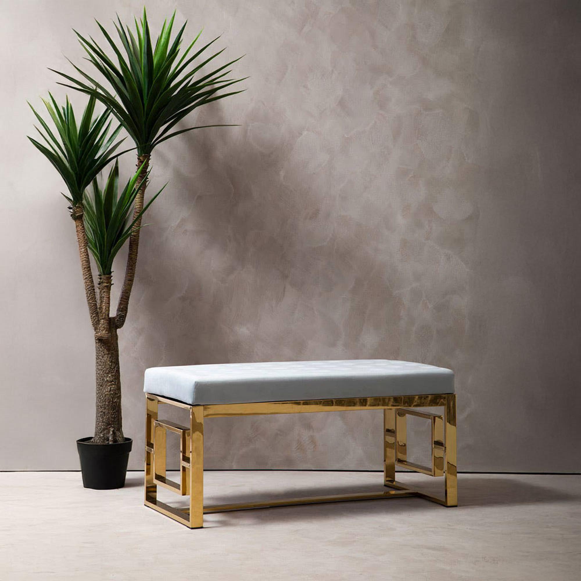 Allure Hall Bench - Powder Grey Fabric Tufted - Gold Base