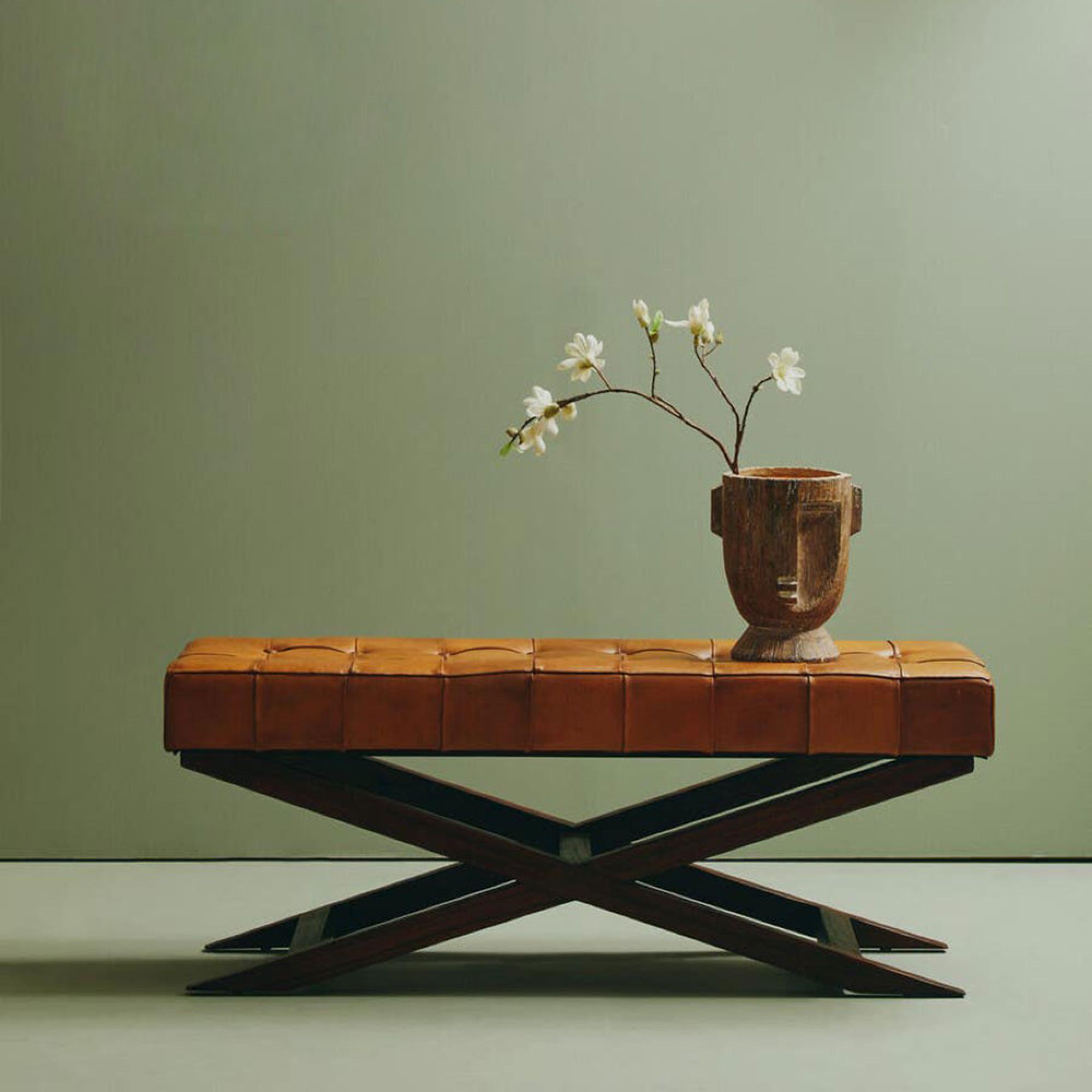 Inca Bench - Brown Leather with Teak Wood - Cross Legs