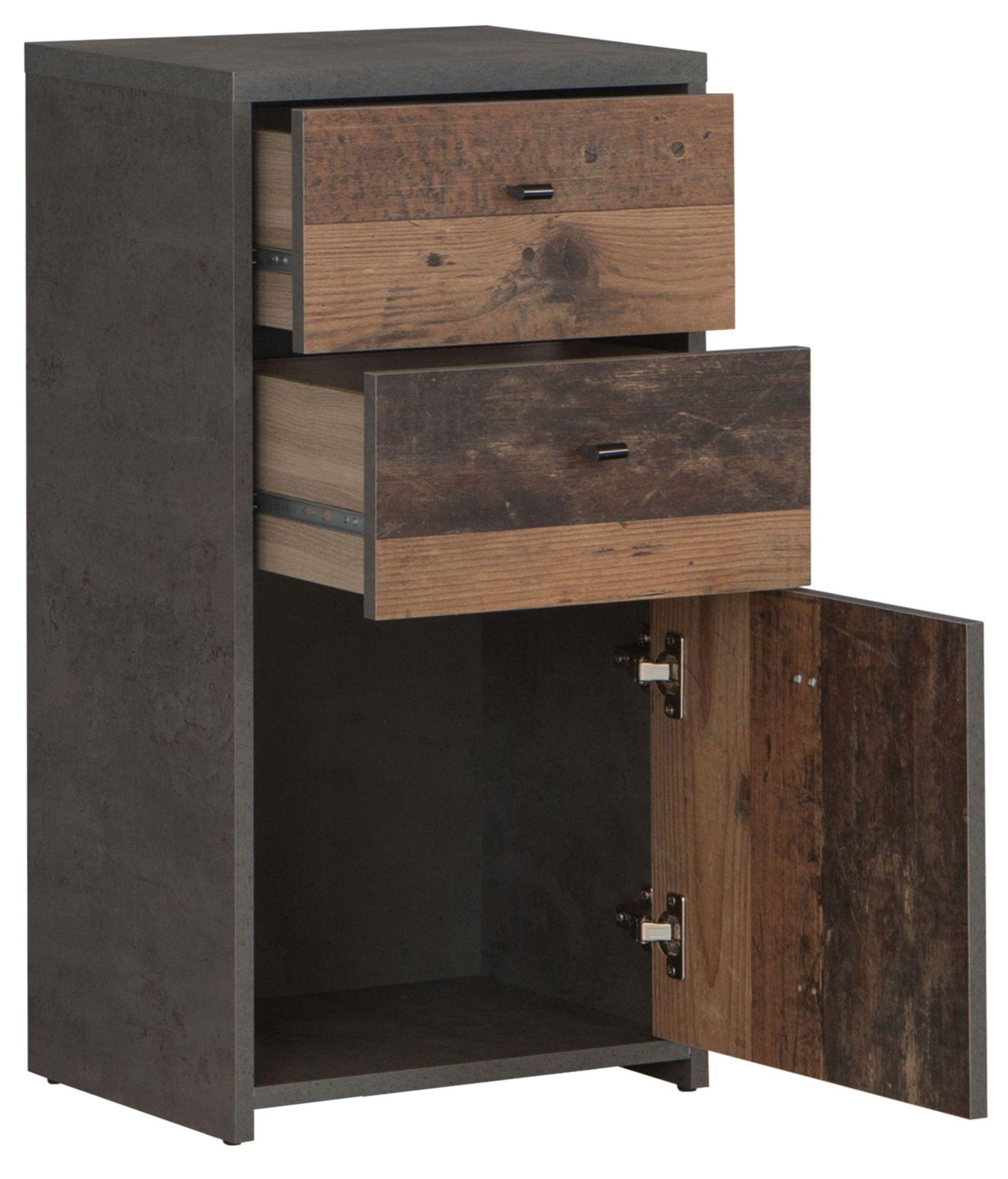 Best Grey Concrete Effect and Vintage Wood 2 Drawer 1 Door Cabinet