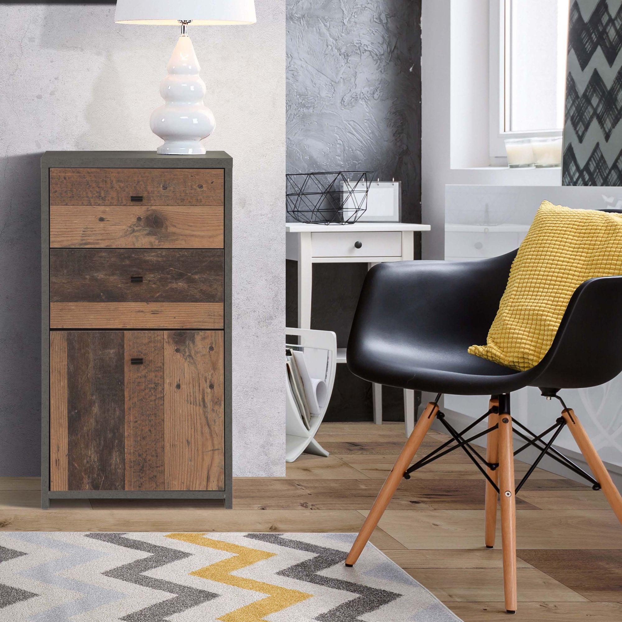 Best Grey Concrete Effect and Vintage Wood 2 Drawer 1 Door Cabinet