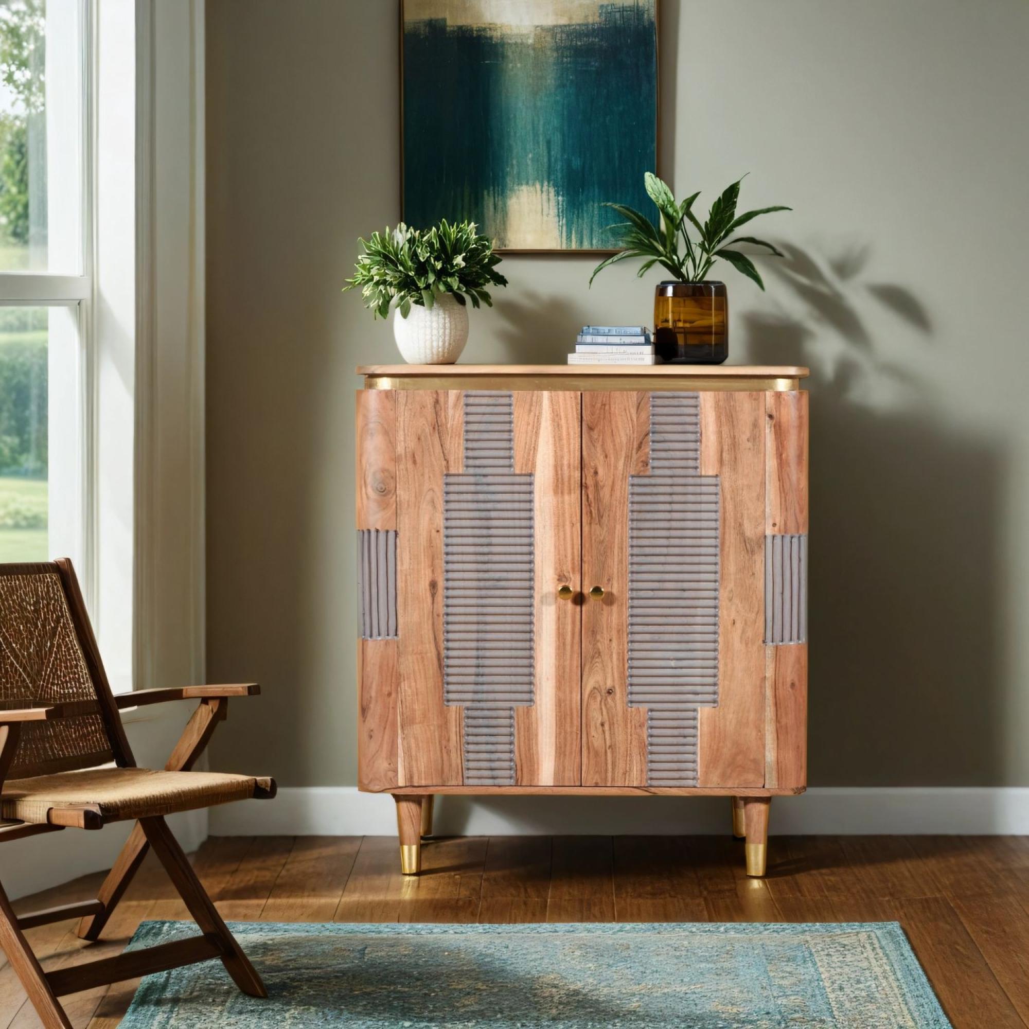 William Acacia Ribbed with Gold Trim 2 Door Hall Cabinet