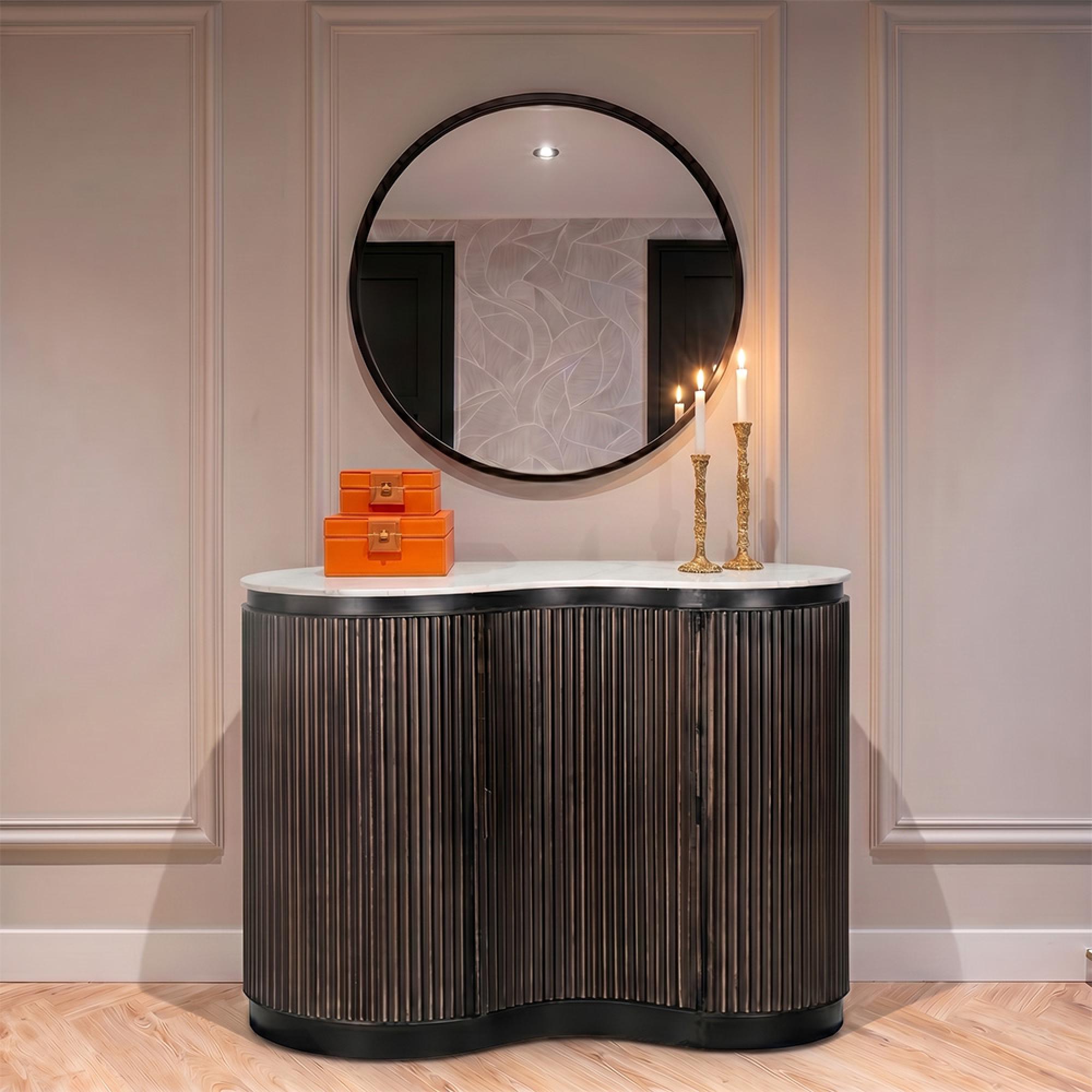 Mayfield White Marble Top 1 Door Bar Cabinet - Dark Wood Fluted Base