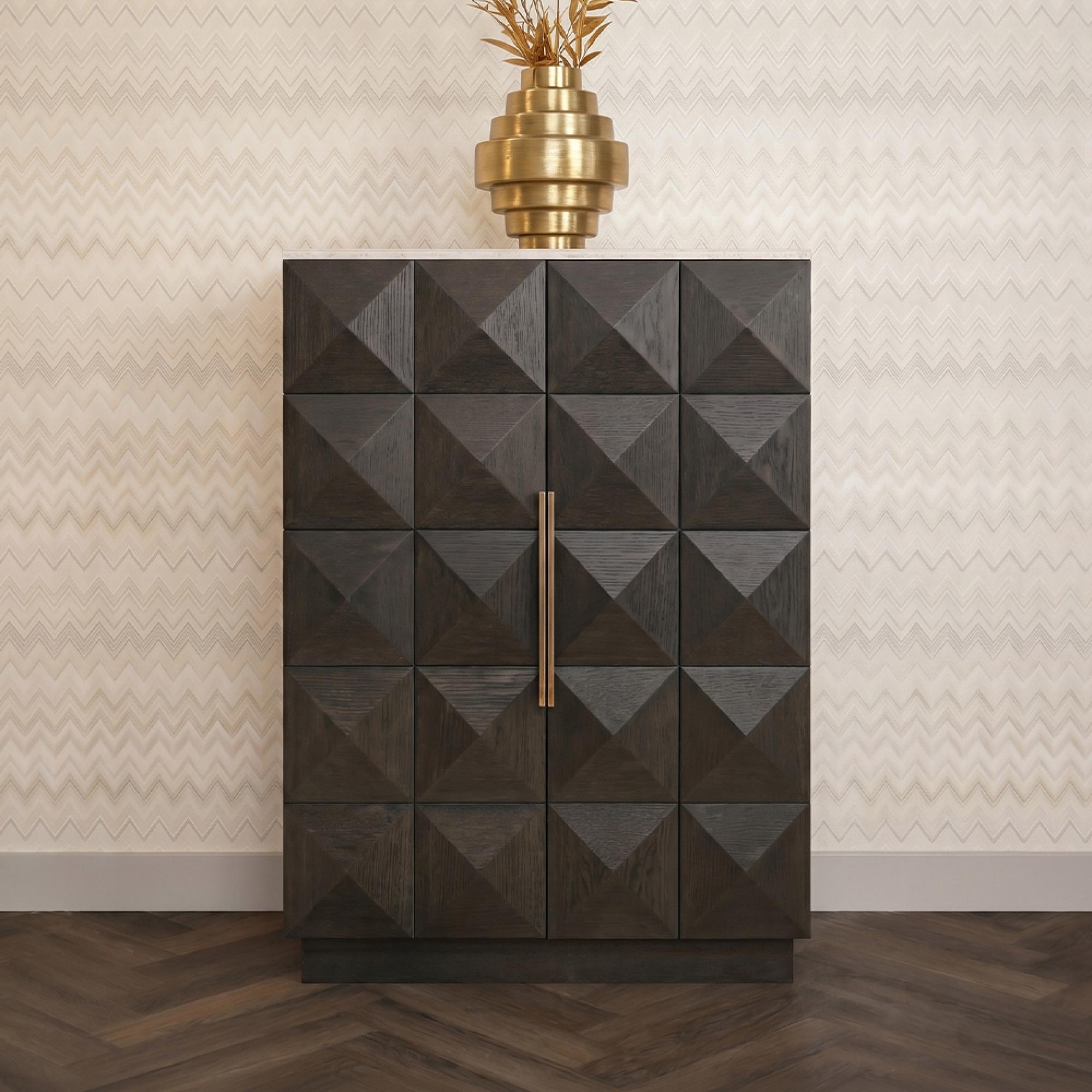 Claremont Dark Wood 2 Door Geometric Cabinet with Travertine Top