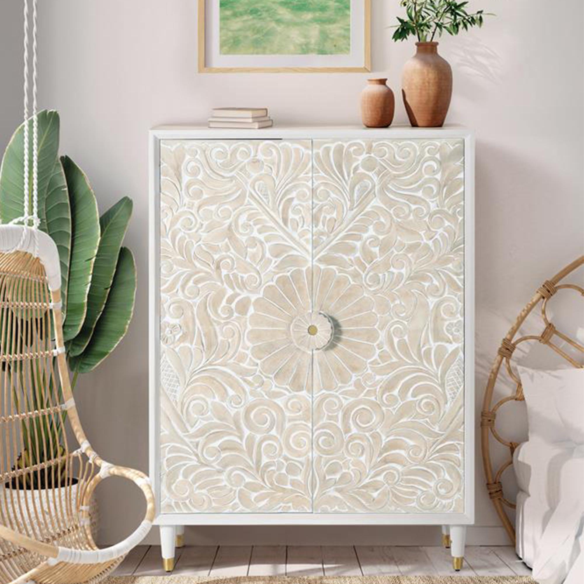Dover Cabinet - White Carved Mango Wood - 2 Door