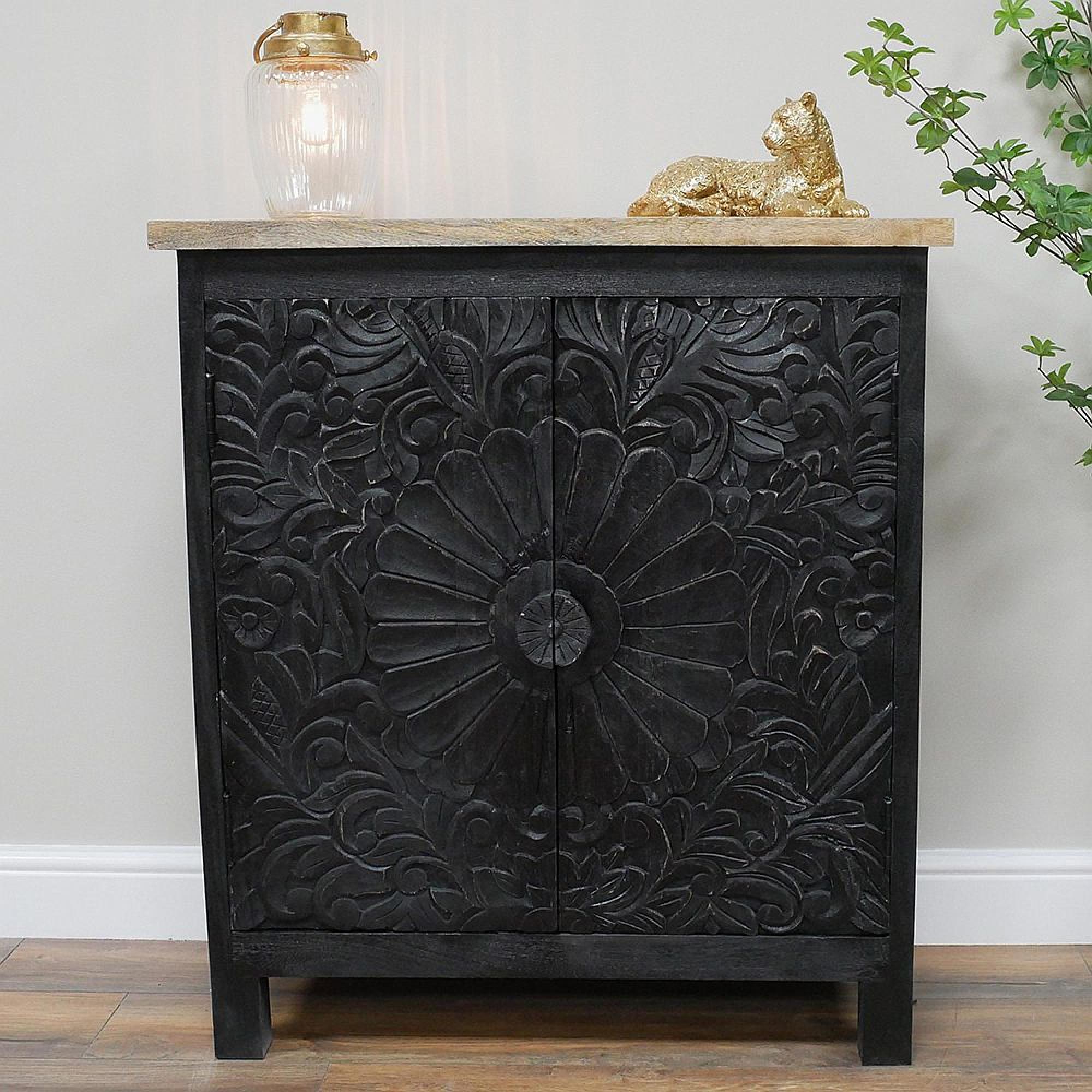 Hall Cabinet Black Carved Mango Wood 2 Door