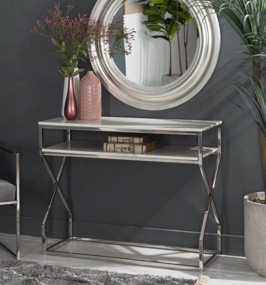 Clearance - Crossroad Console Table - White Marble Top - Chrome Frame