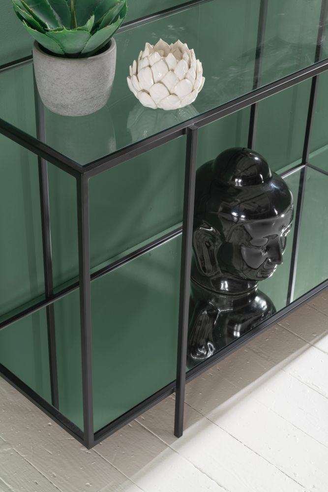 Clearance - Hyde Console Table - Black Metal - Clear Glass Top - Mirrored Shelf