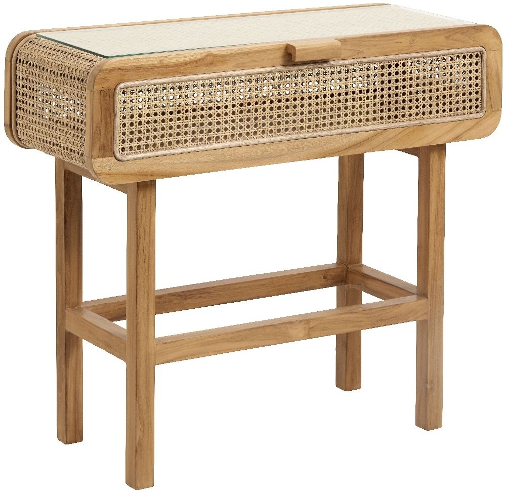 Merge Console Table - Glass Top - Teak Wood & Rattan