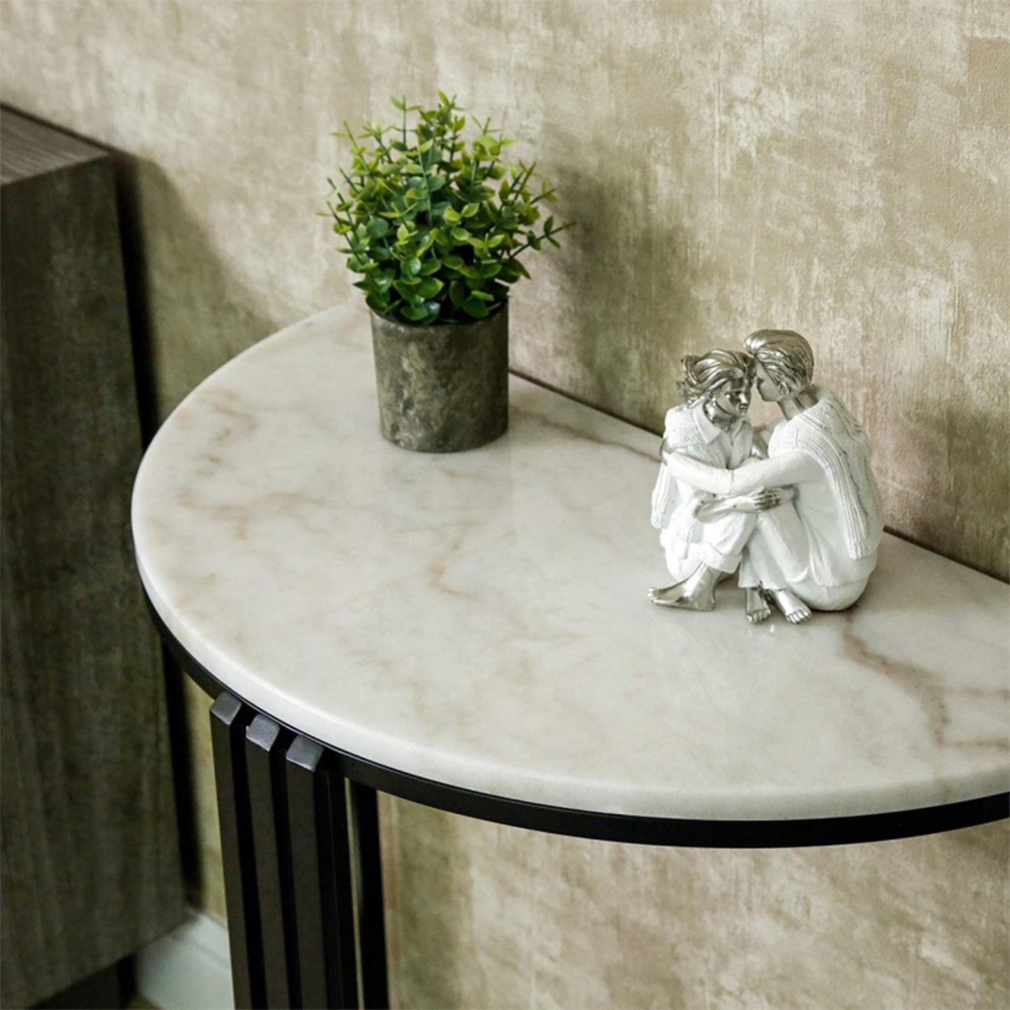 Console Table - White Marble and Black Metal - Half Moon