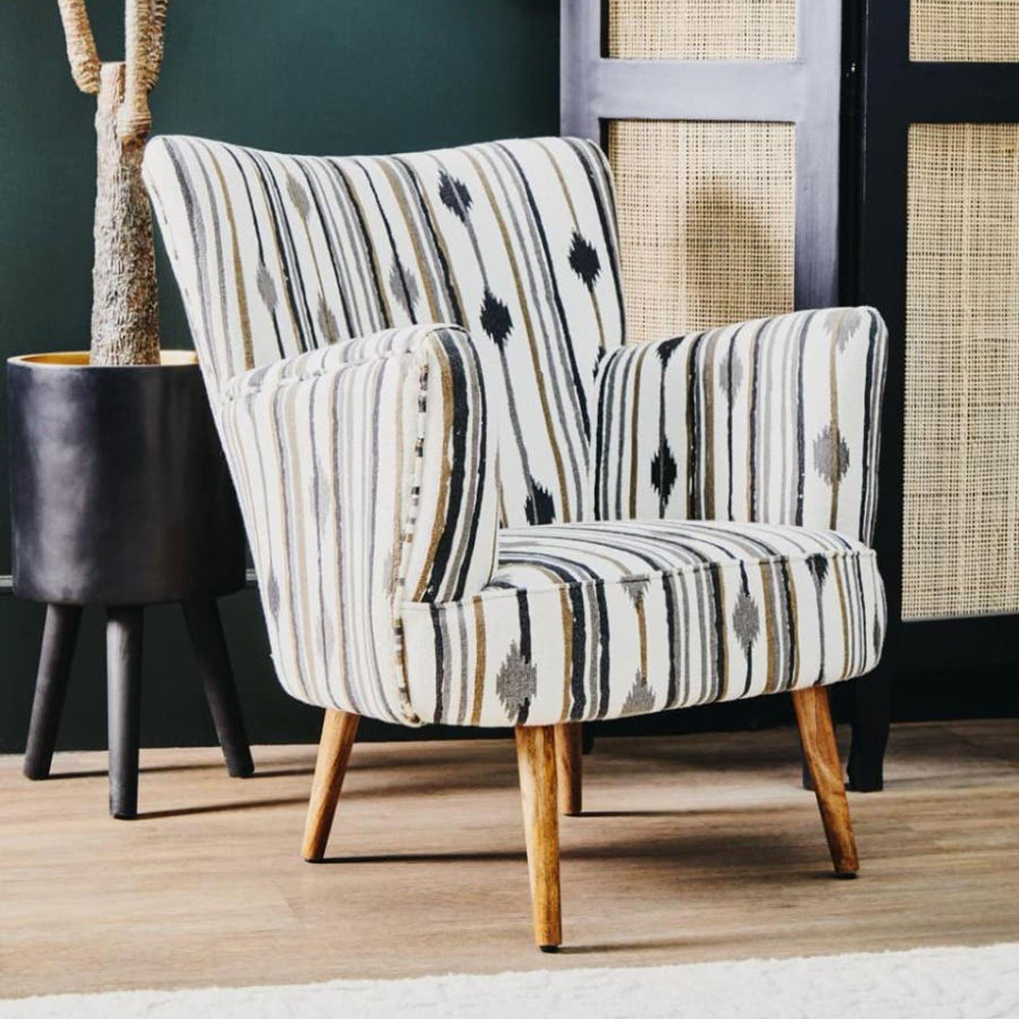 Cefena White and Black Fabric Armchair with Flared Arms