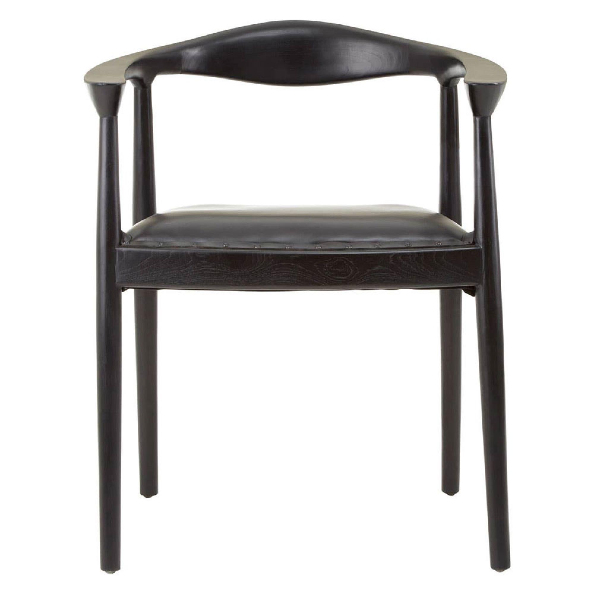 Kendari Black Leather and Teak Wood Curved Back Armchair