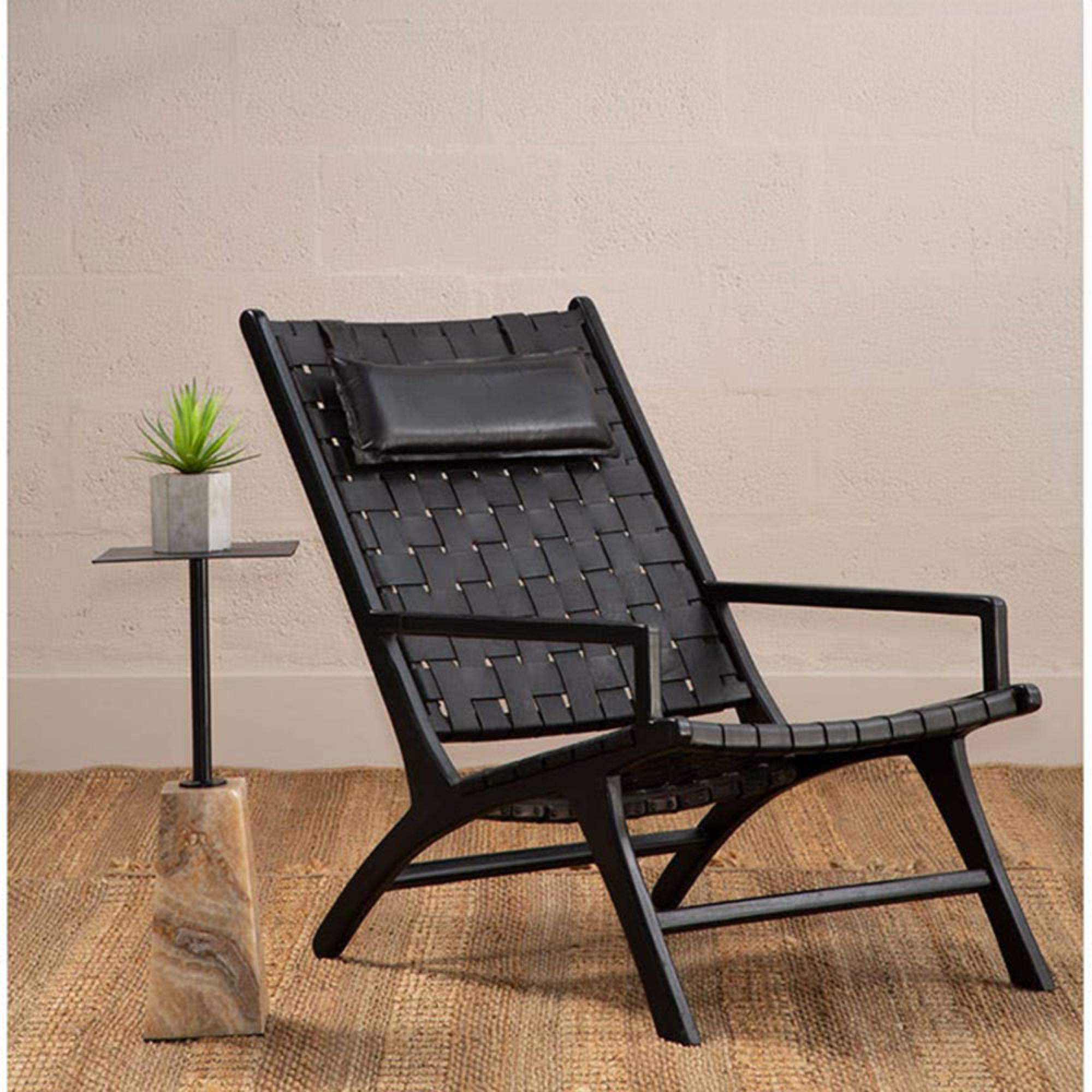 Kendari Black Woven Leather and Teak Wood Armchair