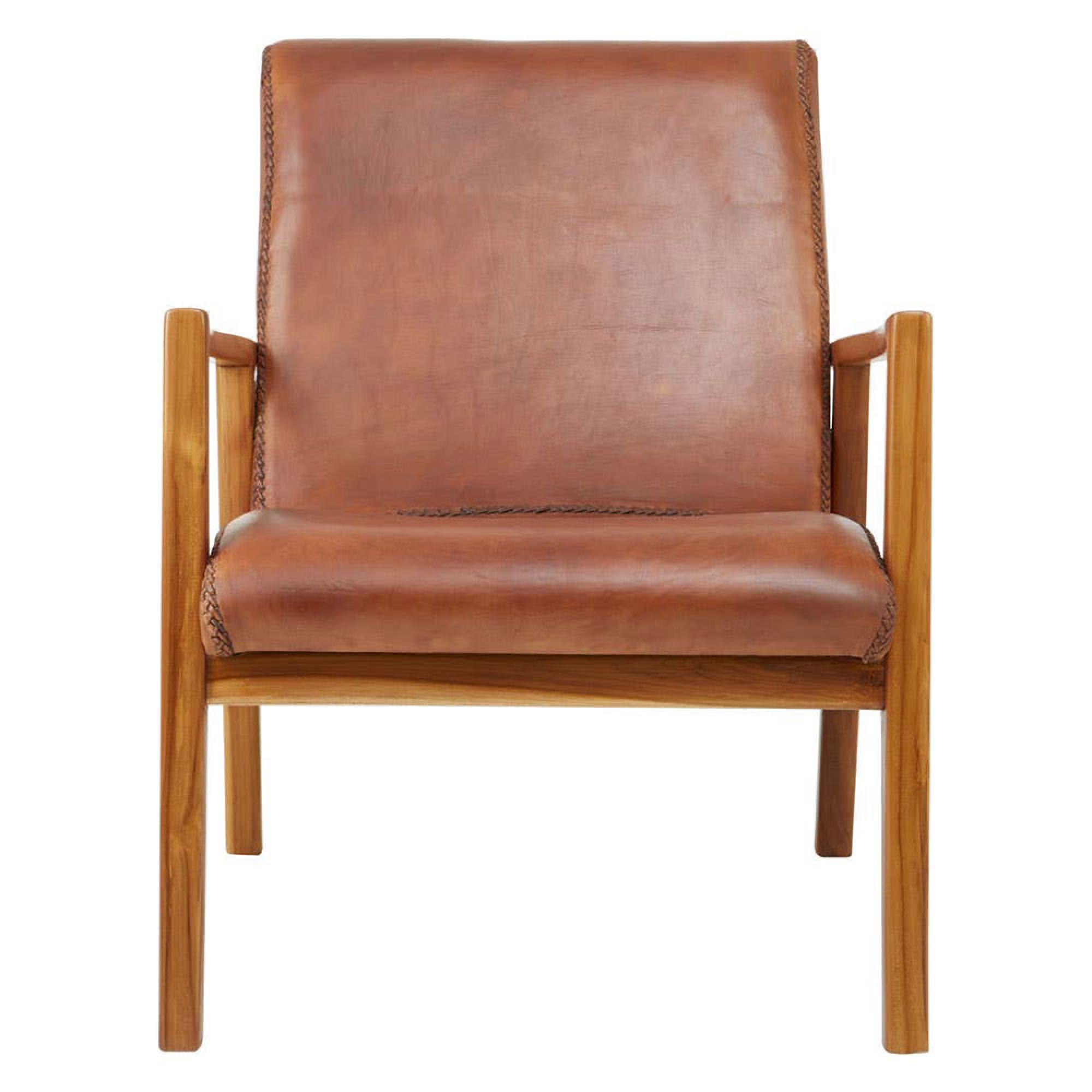 Kendari Brown Leather and Teak Wood Armchair