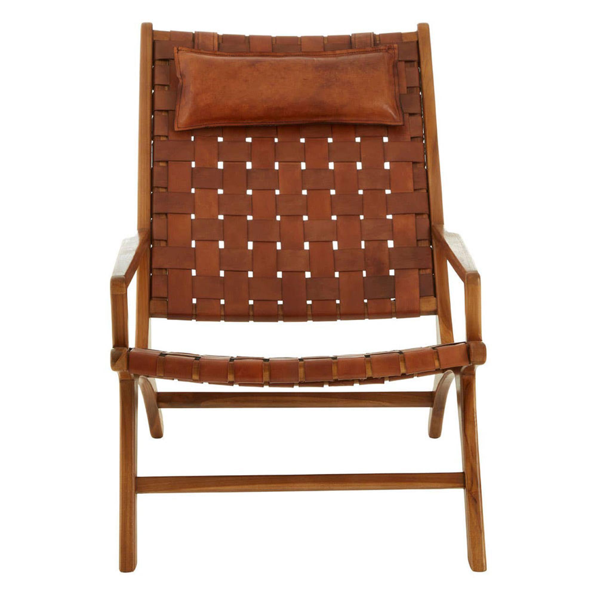 Kendari Brown Woven Leather and Teak Wood Armchair
