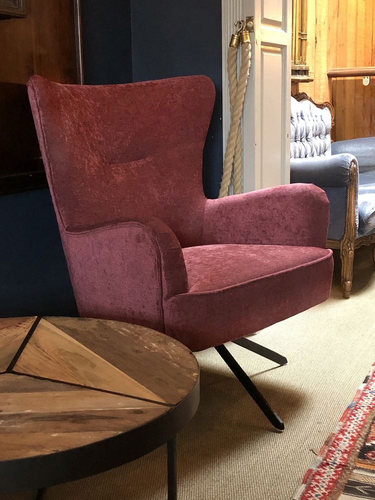 Salinas Berry Pink Chenille Fabric Swivel Armchair