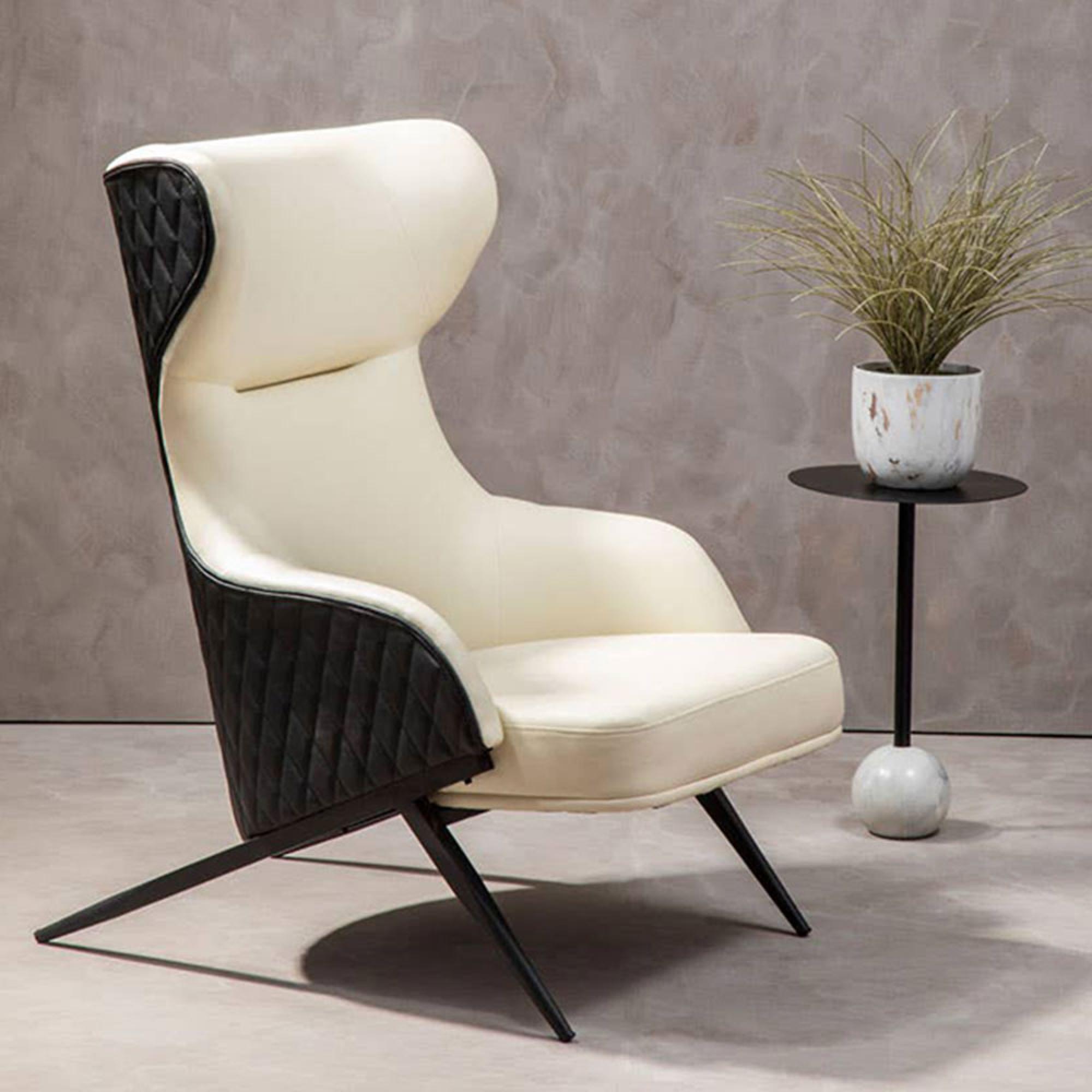 Kiev Armchair - Wing Back - Ivory Fabric and Black Faux Leather