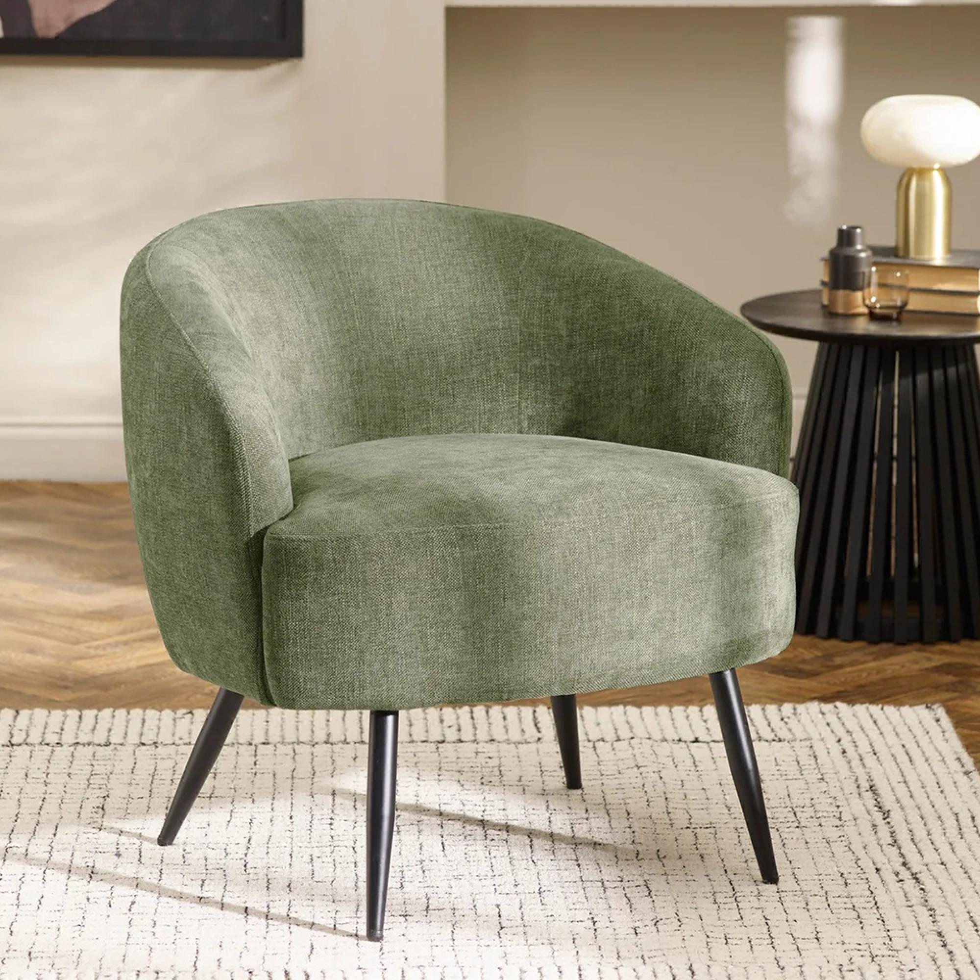 Dahlia Accent Chair - Curved Back - Olive Green and Black - Linen Fabric and Metal