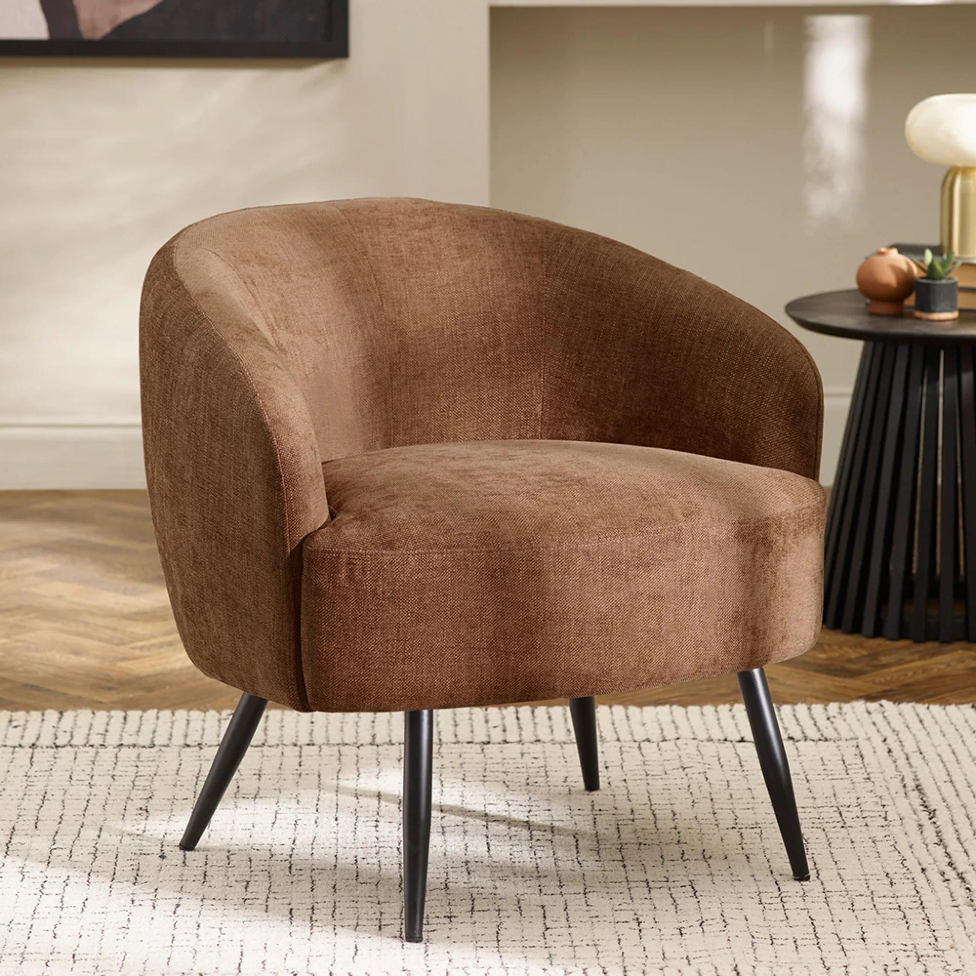 Dahlia Accent Chair - Curved Back - Rust Brown and Black - Linen Fabric and Metal