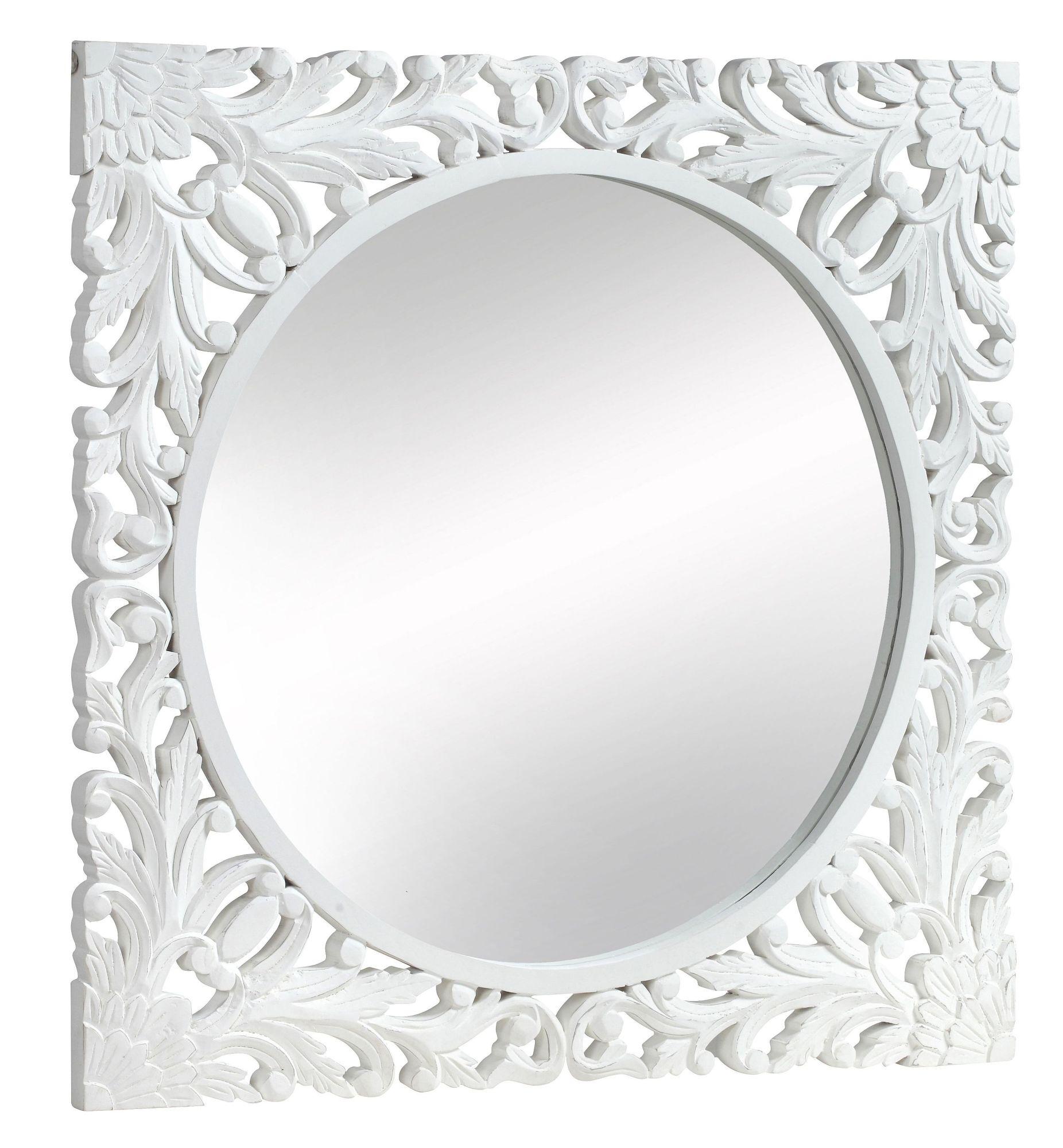 Boho Wall Mirror - White Carved Wood - Square - 110cm x 110cm