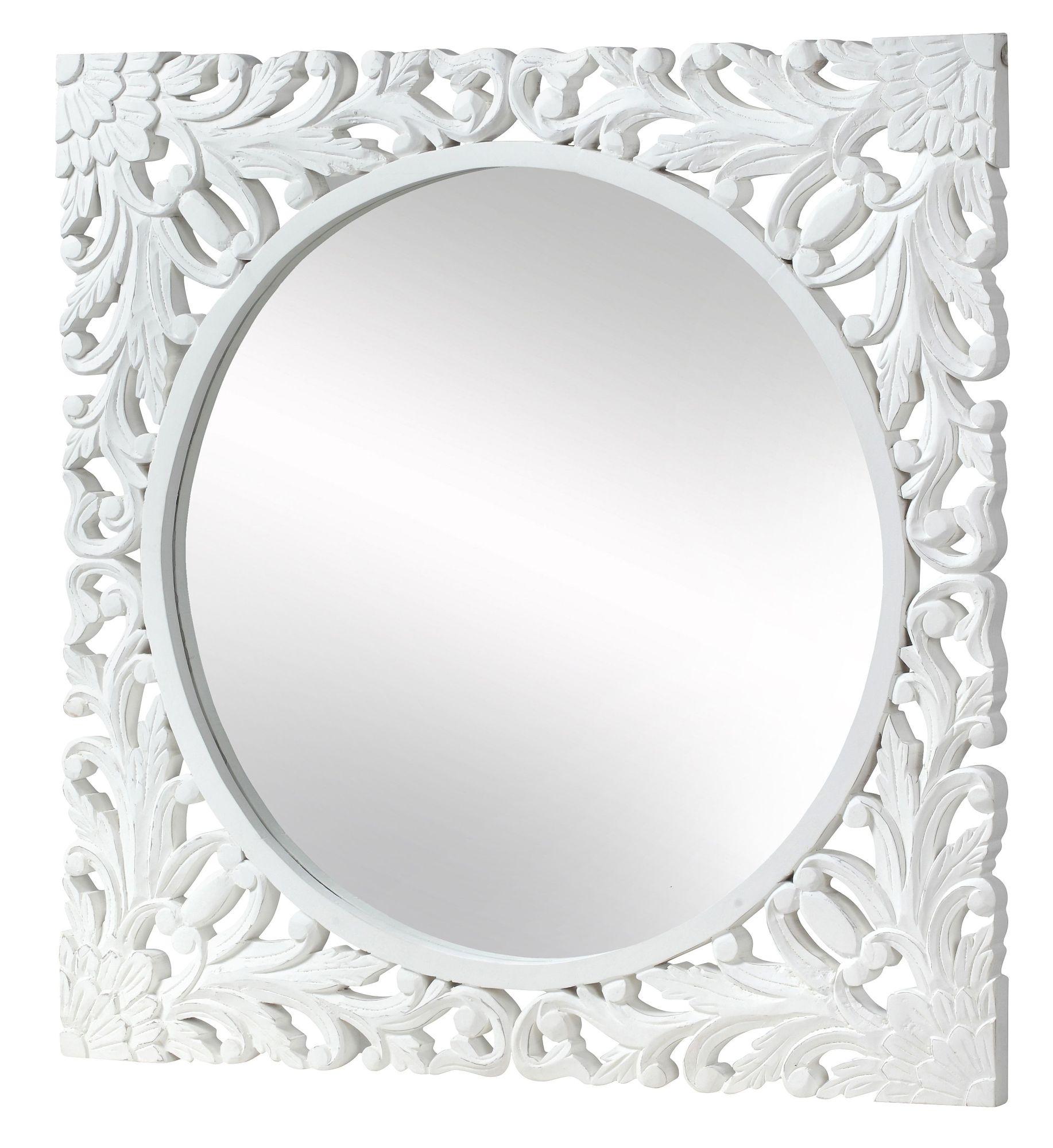 Boho Wall Mirror - White Carved Wood - Square - 110cm x 110cm