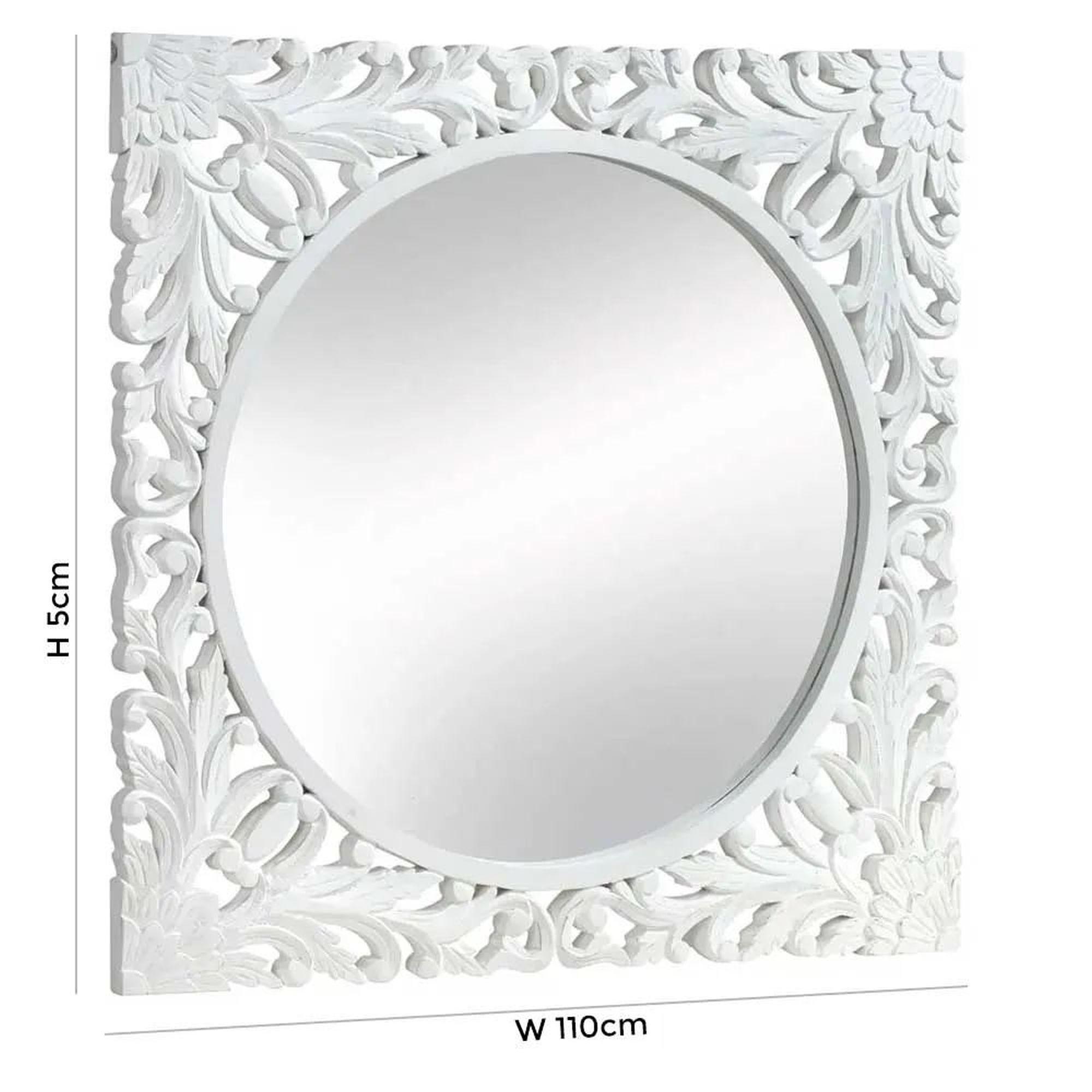 Boho Wall Mirror - White Carved Wood - Square - 110cm x 110cm