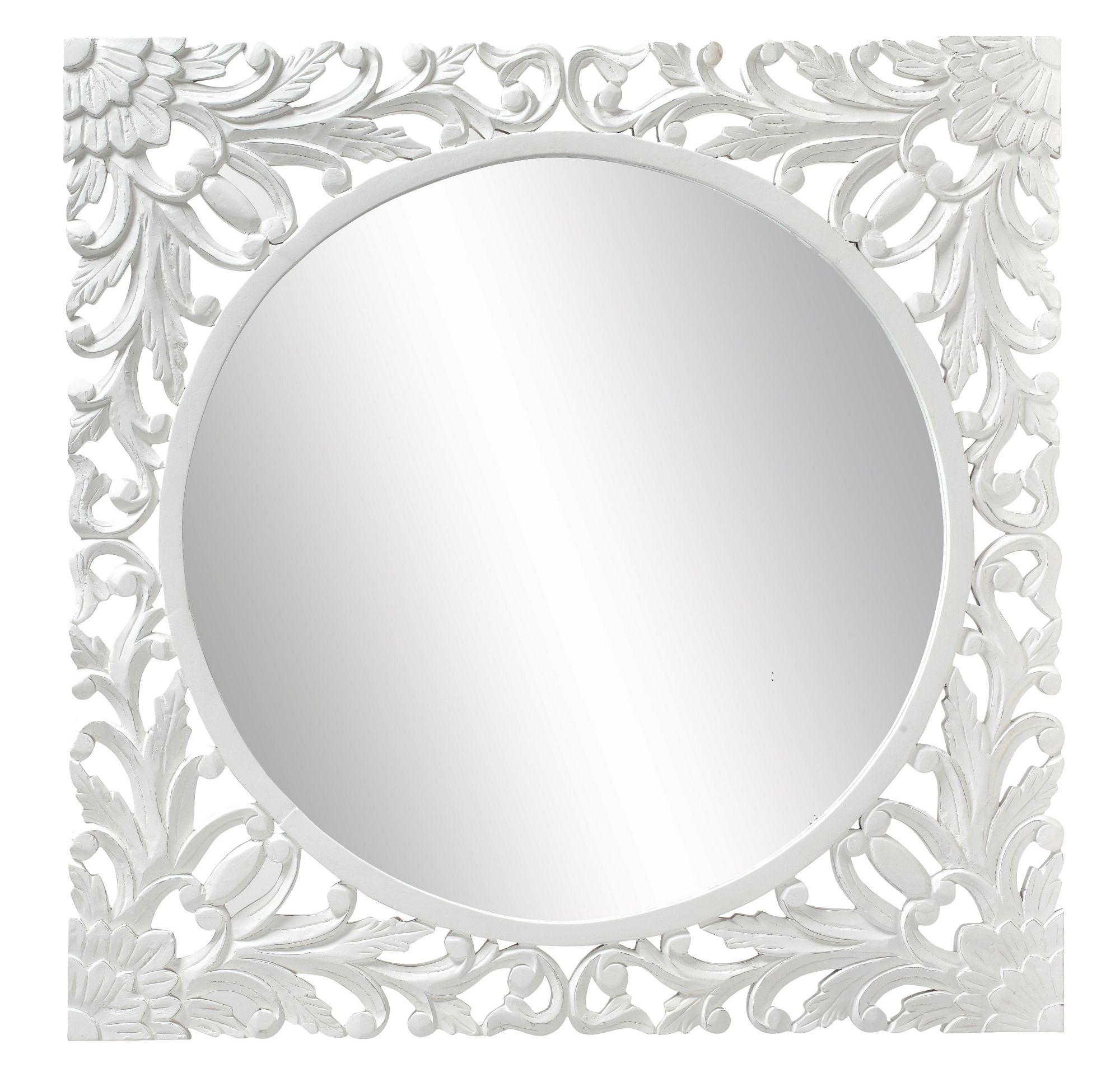 Boho Wall Mirror - White Carved Wood - Square - 110cm x 110cm