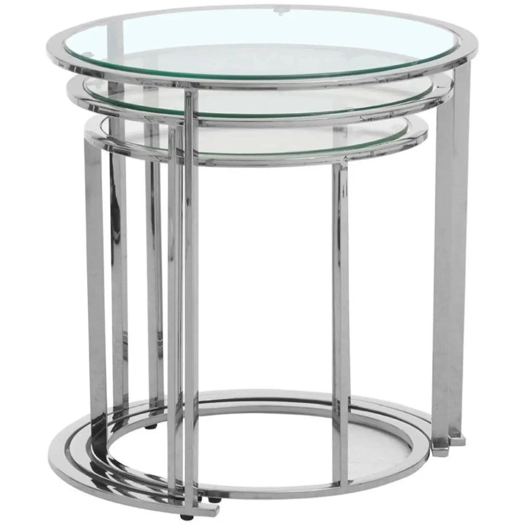 Clearance - Allure Glass Round Nest of 3 Tables with Silver Base - A305